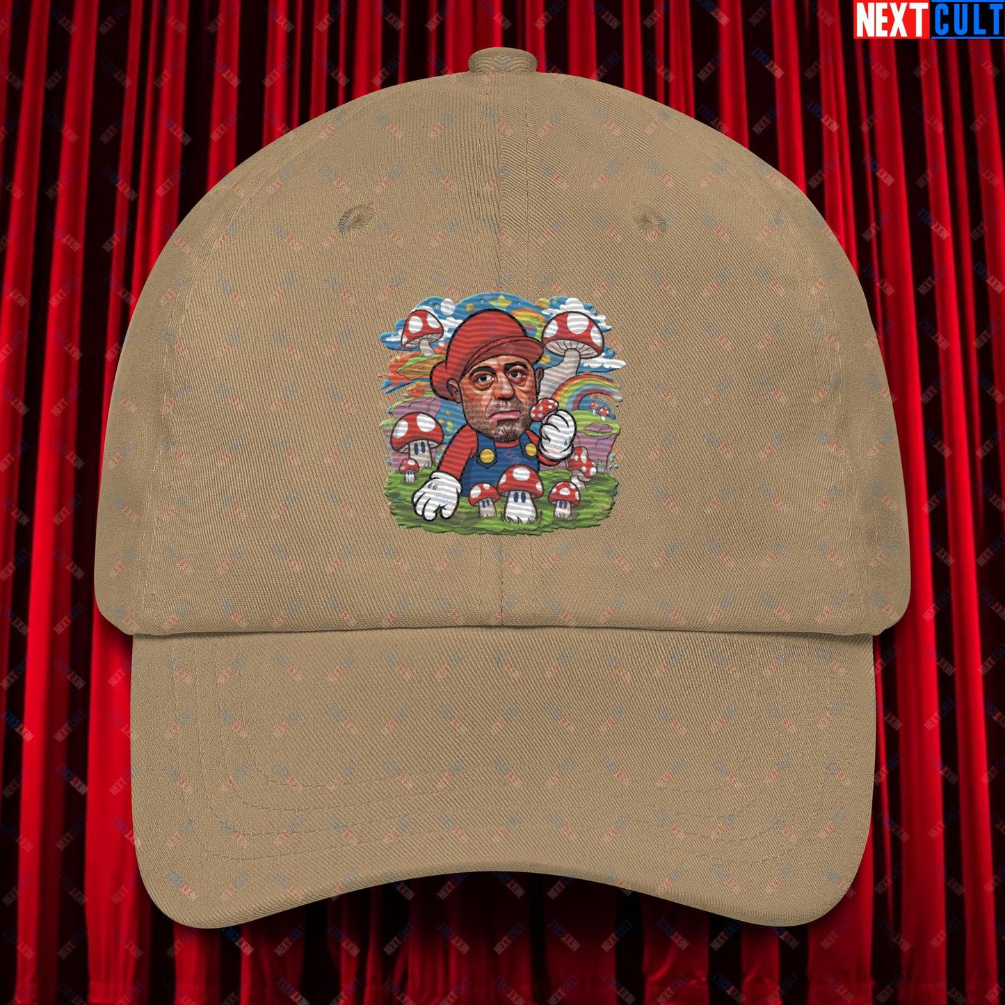 Joe Rogan Psilocybin Mushroom Funny Super Mario Magic Shrooms JRE Podcast Dad hat Khaki Hats Joe Rogan Podcasts Stand-up Comedy Video Games Next Cult Brand