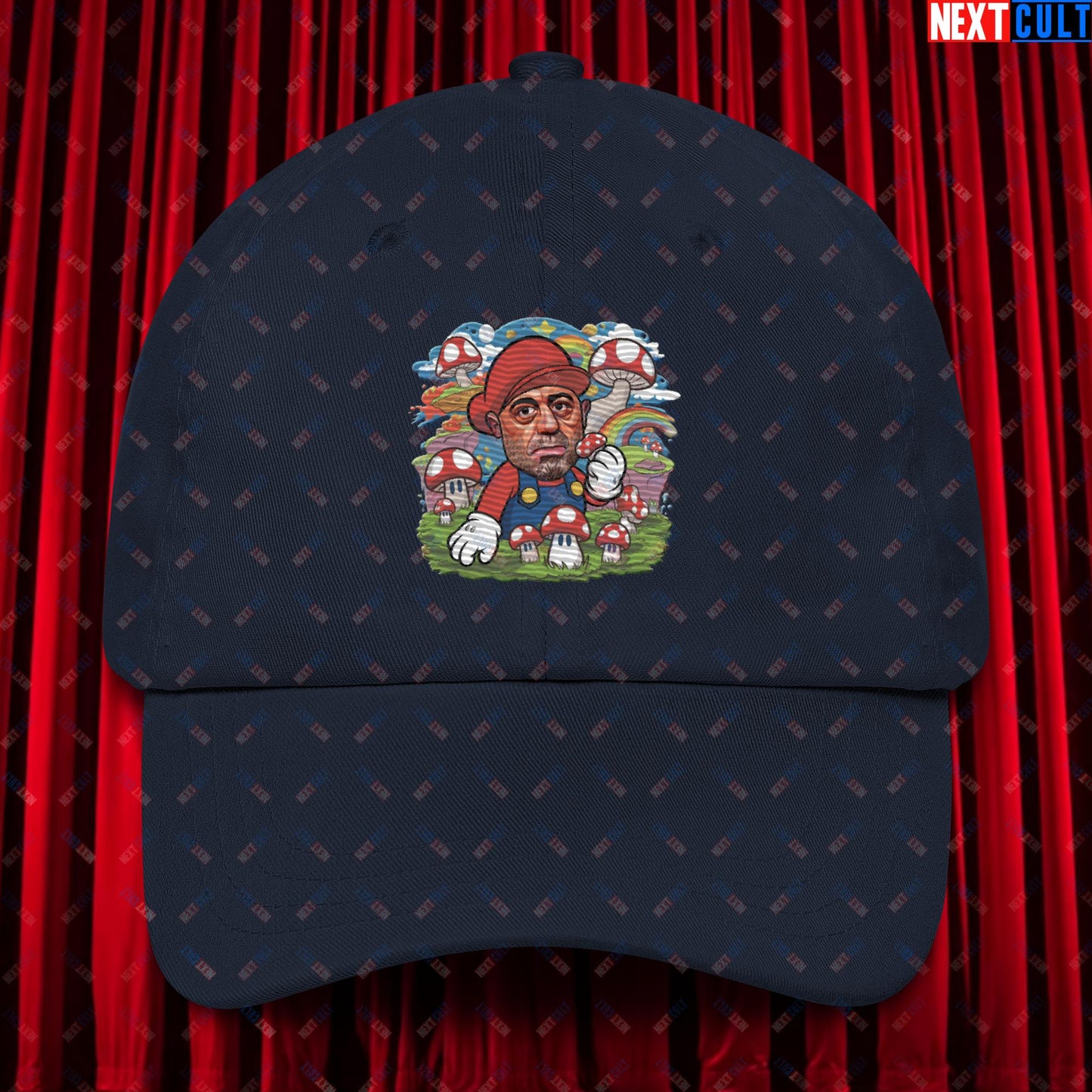 Joe Rogan Psilocybin Mushroom Funny Super Mario Magic Shrooms JRE Podcast Dad hat Navy Hats Joe Rogan Podcasts Stand-up Comedy Video Games Next Cult Brand