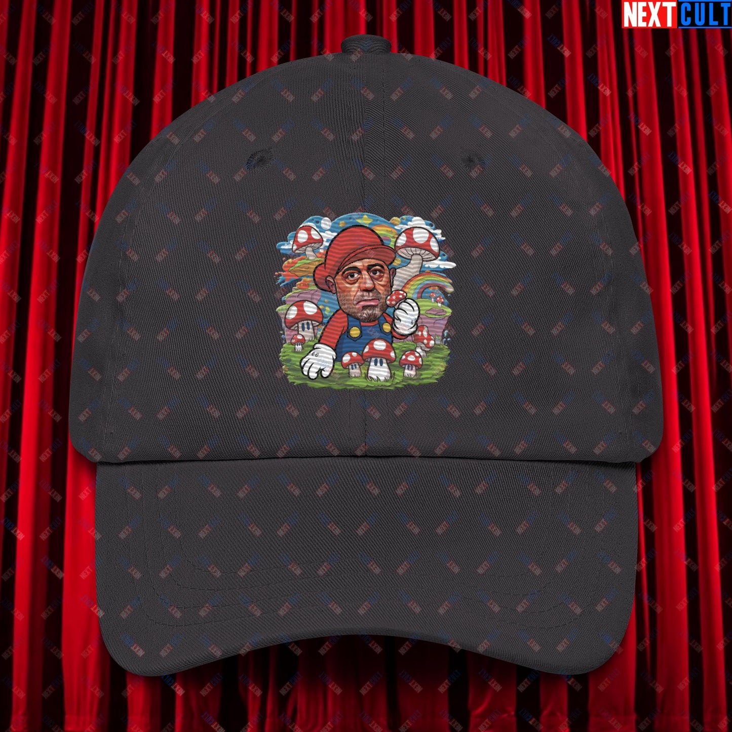 Joe Rogan Psilocybin Mushroom Funny Super Mario Magic Shrooms JRE Podcast Dad hat Dark Grey Hats Joe Rogan Podcasts Stand-up Comedy Video Games Next Cult Brand