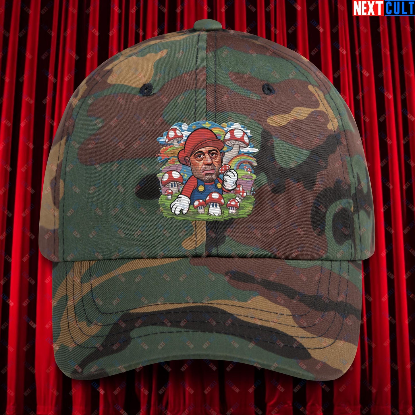 Joe Rogan Psilocybin Mushroom Funny Super Mario Magic Shrooms JRE Podcast Dad hat Green Camo Hats Joe Rogan Podcasts Stand-up Comedy Video Games Next Cult Brand