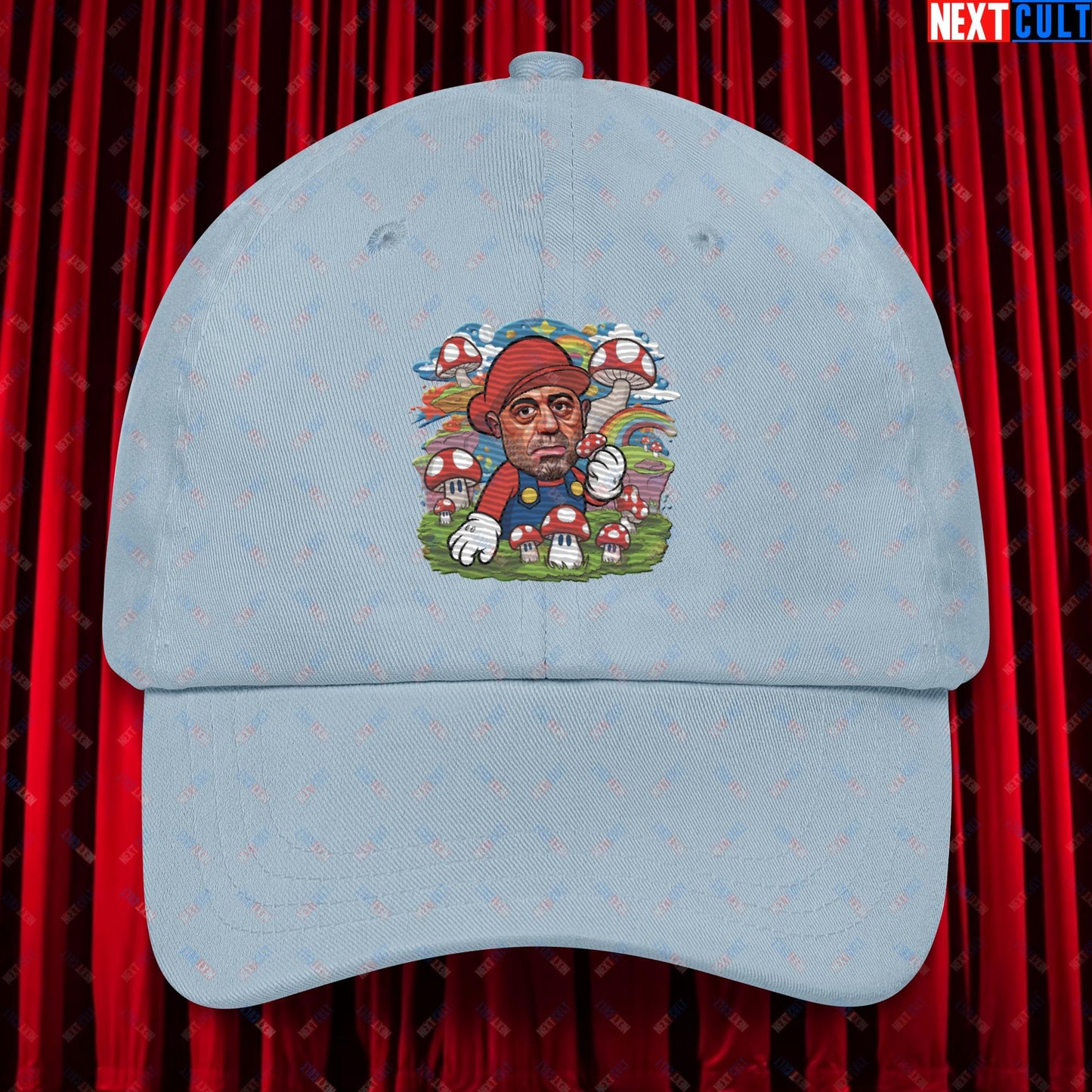 Joe Rogan Psilocybin Mushroom Funny Super Mario Magic Shrooms JRE Podcast Dad hat Light Blue Hats Joe Rogan Podcasts Stand-up Comedy Video Games Next Cult Brand