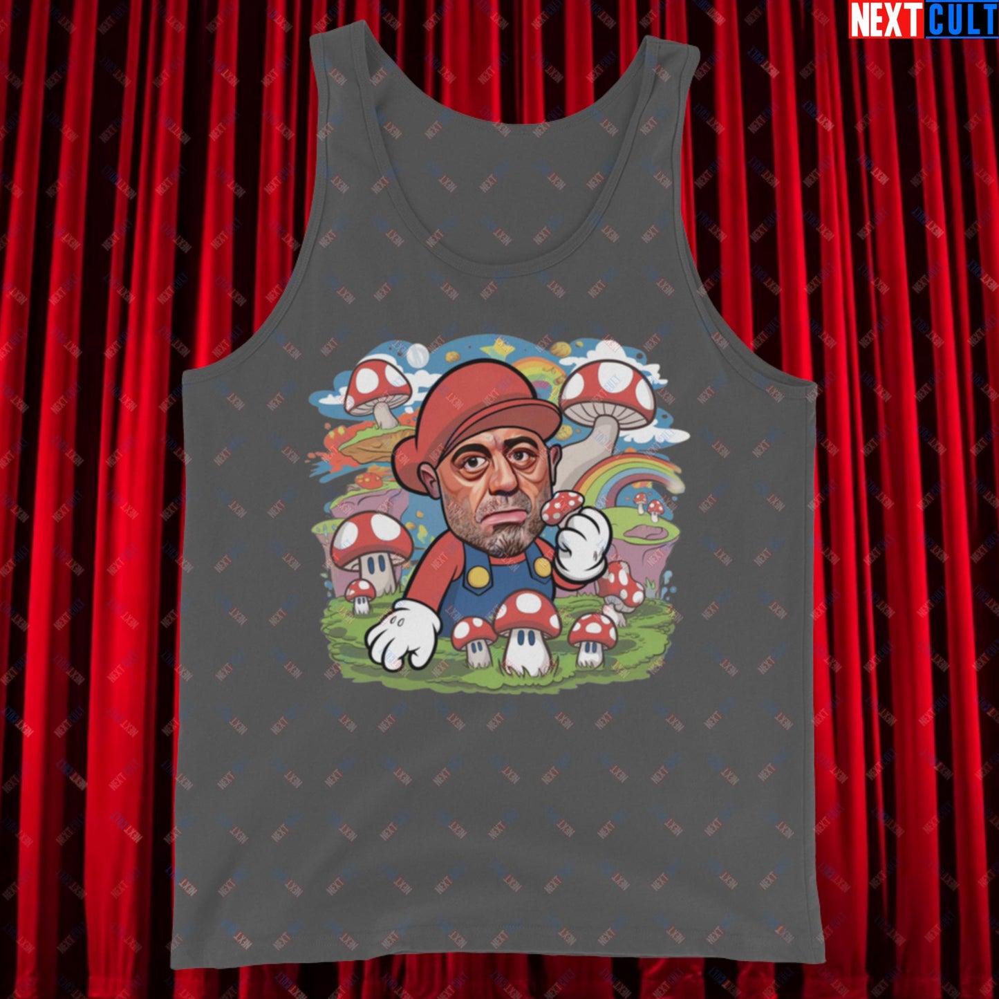 Joe Rogan Psilocybin Mushroom Funny Super Mario Magic Shrooms JRE Podcast Tank Top Asphalt Tank Tops Joe Rogan Podcasts Stand-up Comedy Video Games Next Cult Brand