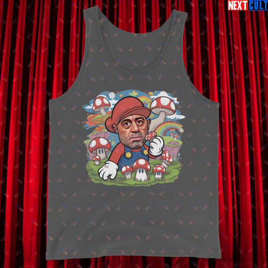 Joe Rogan Psilocybin Mushroom Funny Super Mario Magic Shrooms JRE Podcast Tank Top Asphalt Tank Tops Joe Rogan Podcasts Stand-up Comedy Video Games Next Cult Brand