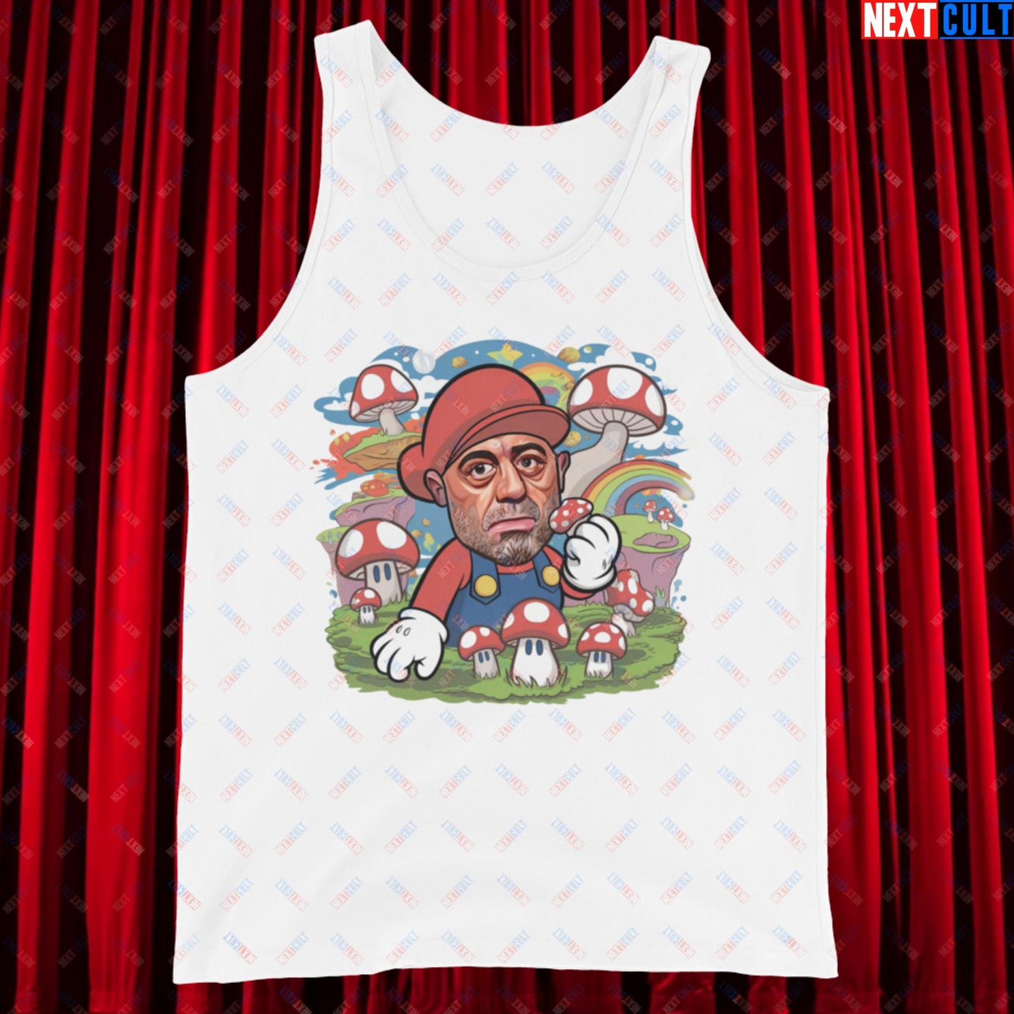 Joe Rogan Psilocybin Mushroom Funny Super Mario Magic Shrooms JRE Podcast Tank Top White Tank Tops Joe Rogan Podcasts Stand-up Comedy Video Games Next Cult Brand