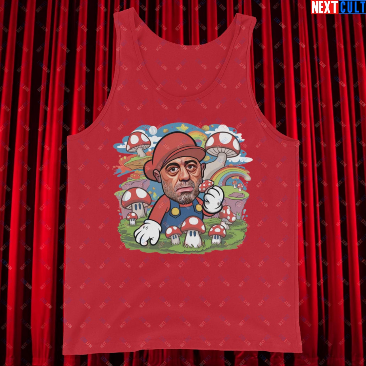 Joe Rogan Psilocybin Mushroom Funny Super Mario Magic Shrooms JRE Podcast Tank Top Red Tank Tops Joe Rogan Podcasts Stand-up Comedy Video Games Next Cult Brand