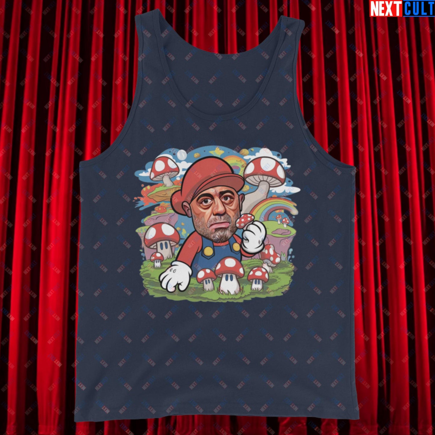 Joe Rogan Psilocybin Mushroom Funny Super Mario Magic Shrooms JRE Podcast Tank Top Navy Tank Tops Joe Rogan Podcasts Stand-up Comedy Video Games Next Cult Brand