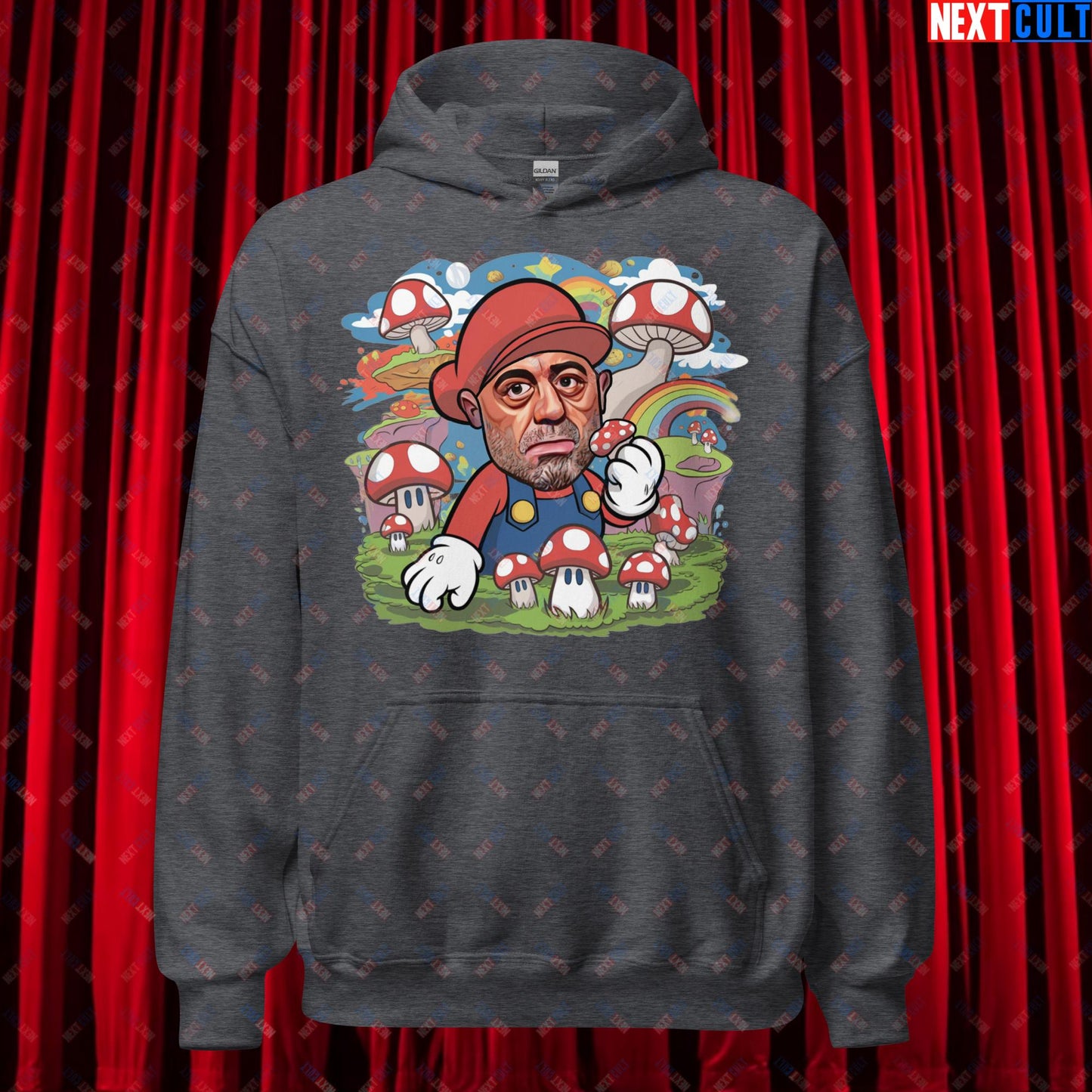 Joe Rogan Psilocybin Mushroom Funny Super Mario Magic Shrooms JRE Podcast Unisex Hoodie Dark Heather Hoodies Joe Rogan Podcasts Stand-up Comedy Video Games Next Cult Brand