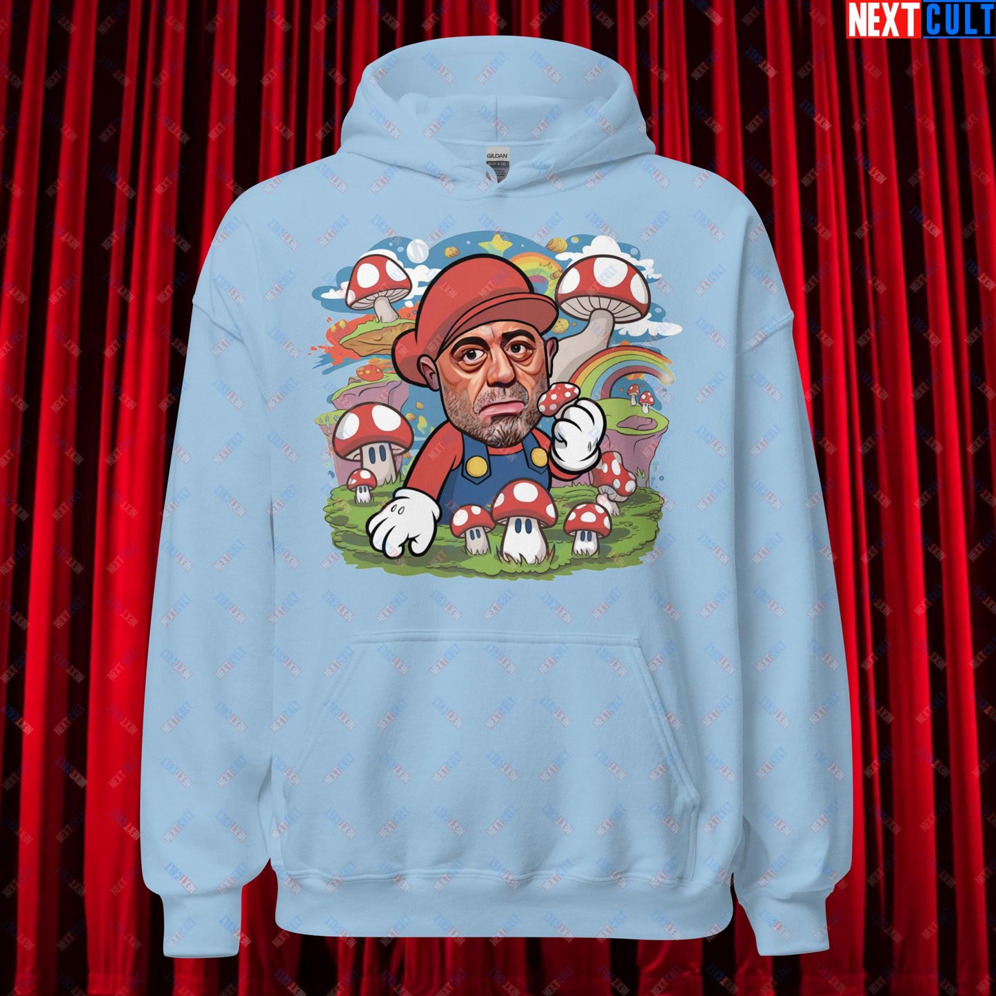 Joe Rogan Psilocybin Mushroom Funny Super Mario Magic Shrooms JRE Podcast Unisex Hoodie Light Blue Hoodies Joe Rogan Podcasts Stand-up Comedy Video Games Next Cult Brand