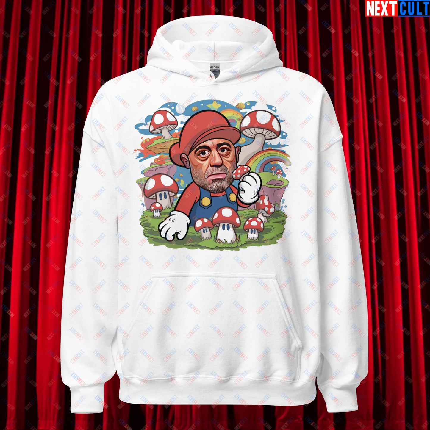 Joe Rogan Psilocybin Mushroom Funny Super Mario Magic Shrooms JRE Podcast Unisex Hoodie White Hoodies Joe Rogan Podcasts Stand-up Comedy Video Games Next Cult Brand