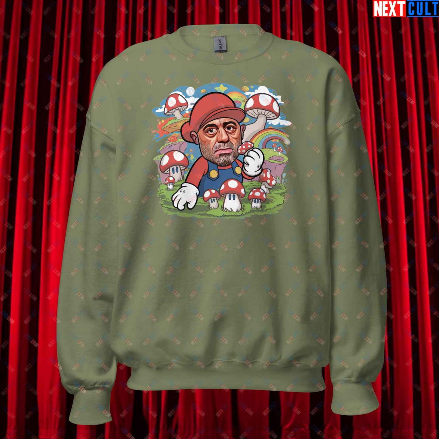 Joe Rogan Psilocybin Mushroom Funny Super Mario Magic Shrooms JRE Podcast Unisex Sweatshirt Military Green Sweatshirts Joe Rogan Podcasts Stand-up Comedy Video Games Next Cult Brand