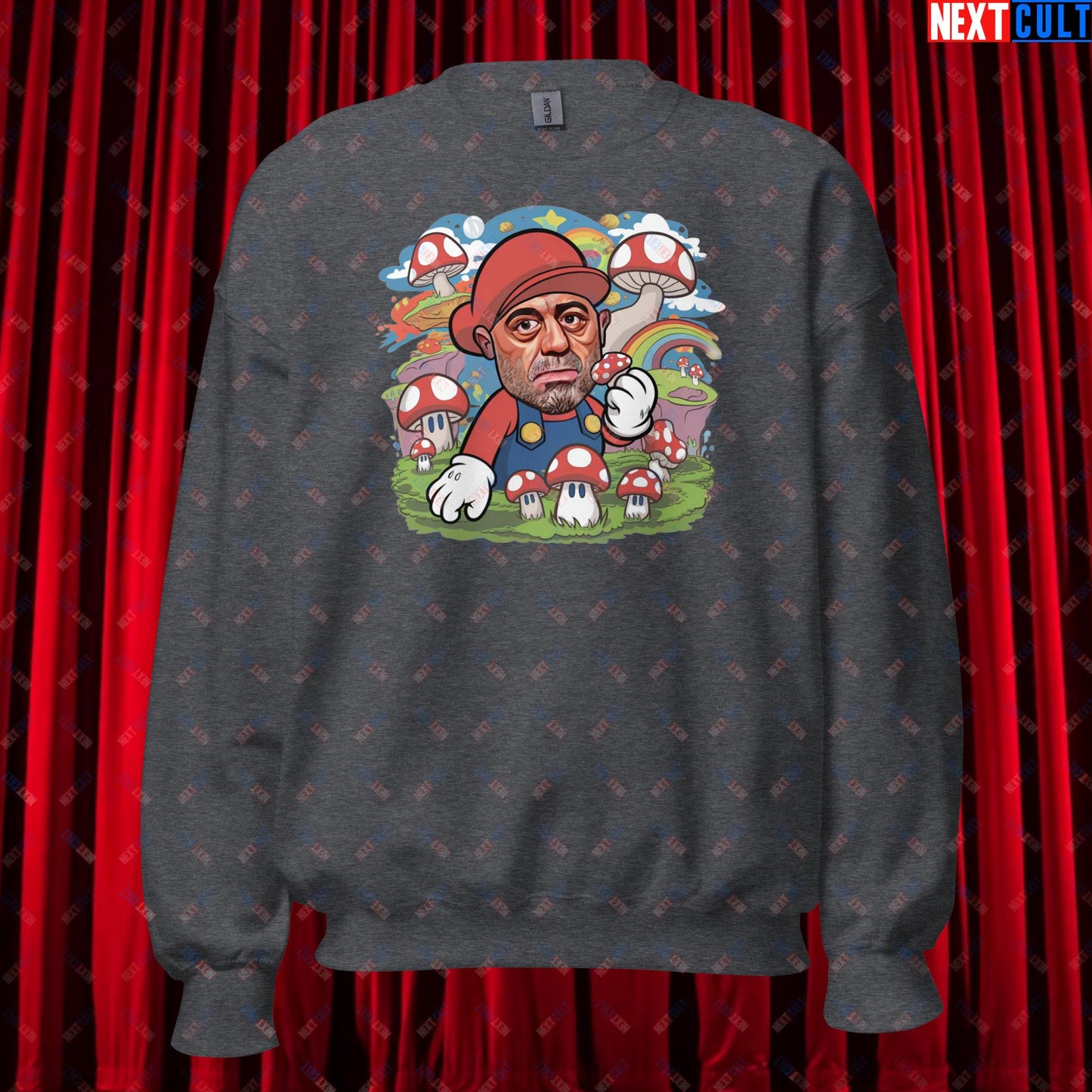 Joe Rogan Psilocybin Mushroom Funny Super Mario Magic Shrooms JRE Podcast Unisex Sweatshirt Dark Heather Sweatshirts Joe Rogan Podcasts Stand-up Comedy Video Games Next Cult Brand