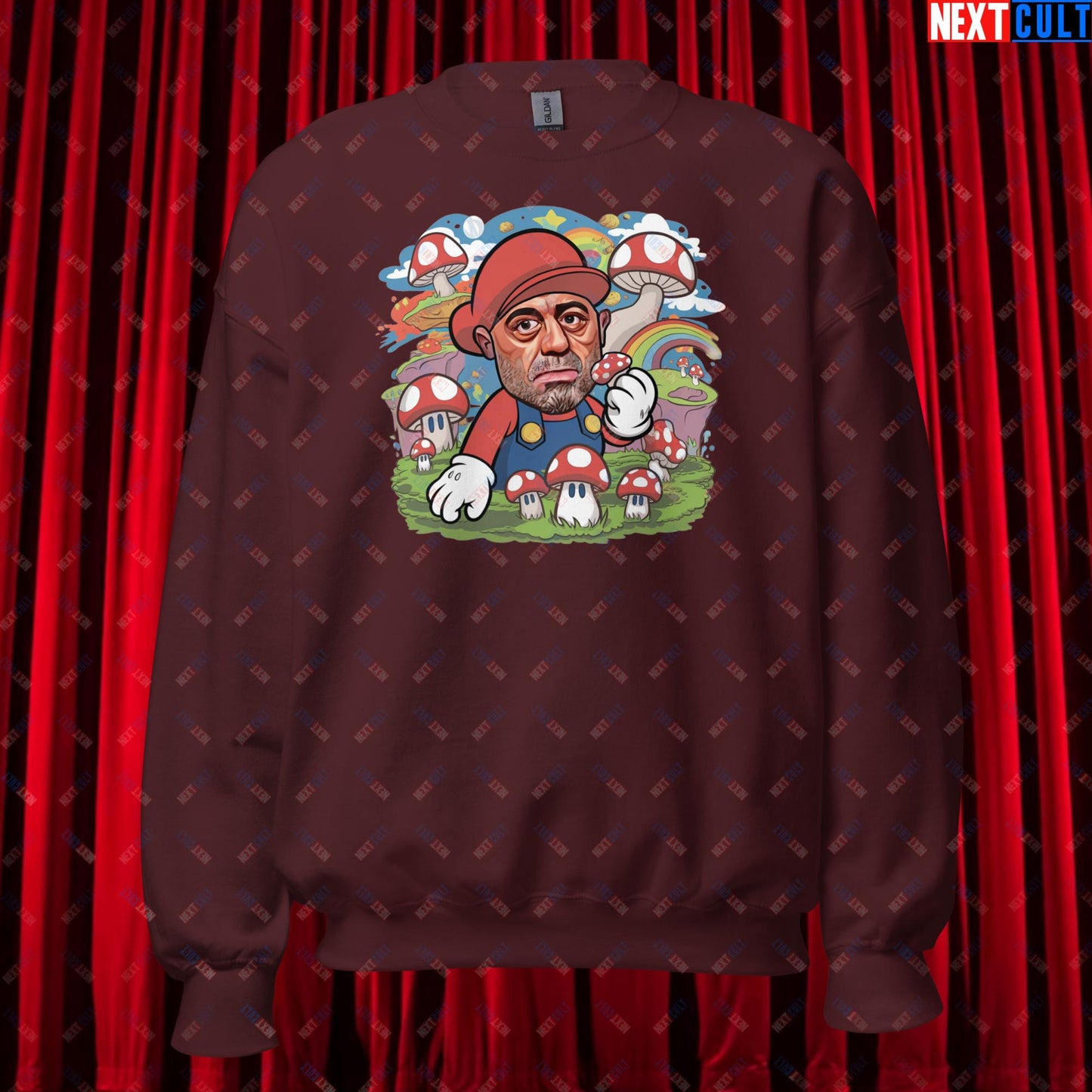 Joe Rogan Psilocybin Mushroom Funny Super Mario Magic Shrooms JRE Podcast Unisex Sweatshirt Maroon Sweatshirts Joe Rogan Podcasts Stand-up Comedy Video Games Next Cult Brand