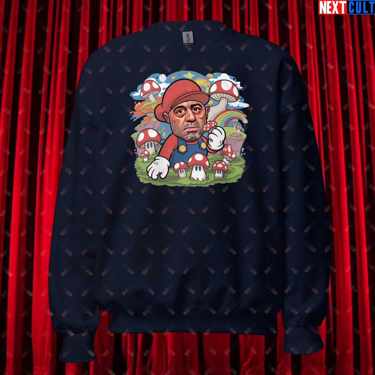 Joe Rogan Psilocybin Mushroom Funny Super Mario Magic Shrooms JRE Podcast Unisex Sweatshirt Navy Sweatshirts Joe Rogan Podcasts Stand-up Comedy Video Games Next Cult Brand