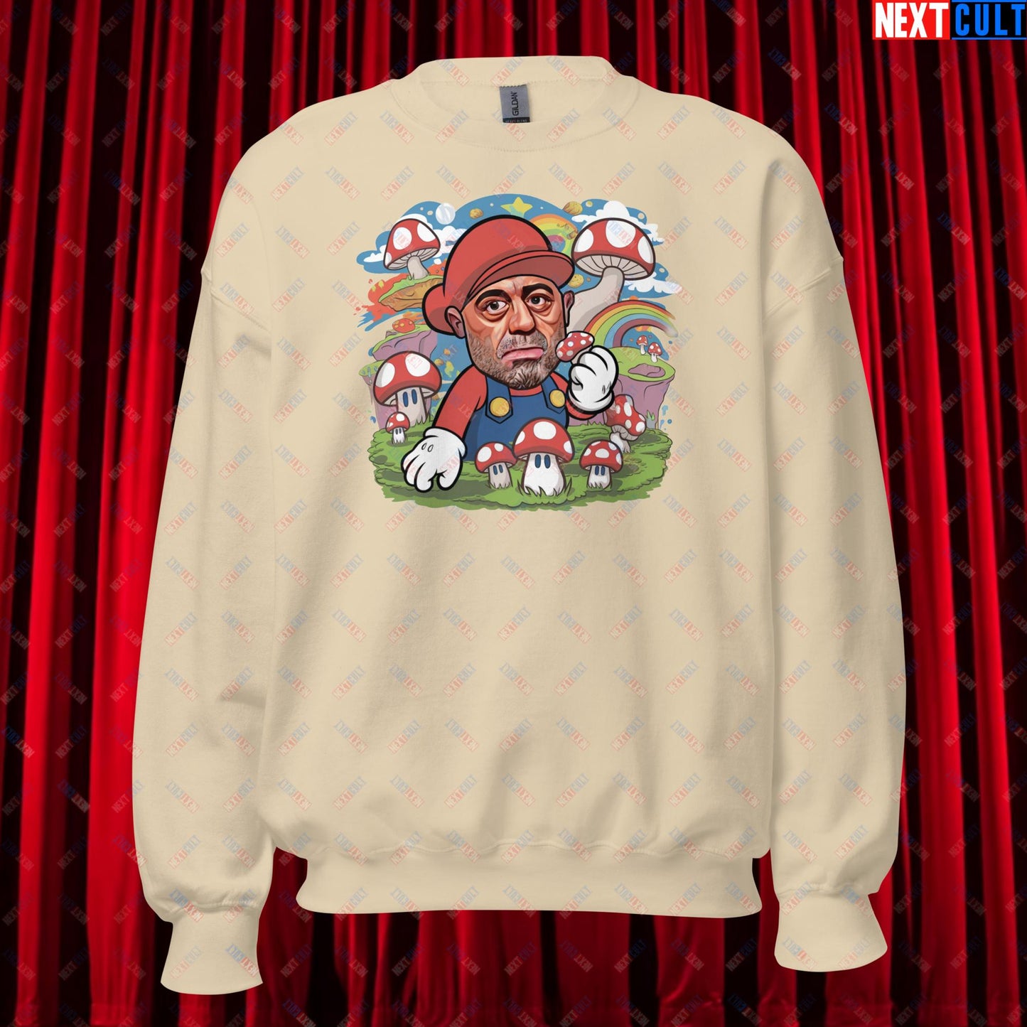 Joe Rogan Psilocybin Mushroom Funny Super Mario Magic Shrooms JRE Podcast Unisex Sweatshirt Sand Sweatshirts Joe Rogan Podcasts Stand-up Comedy Video Games Next Cult Brand