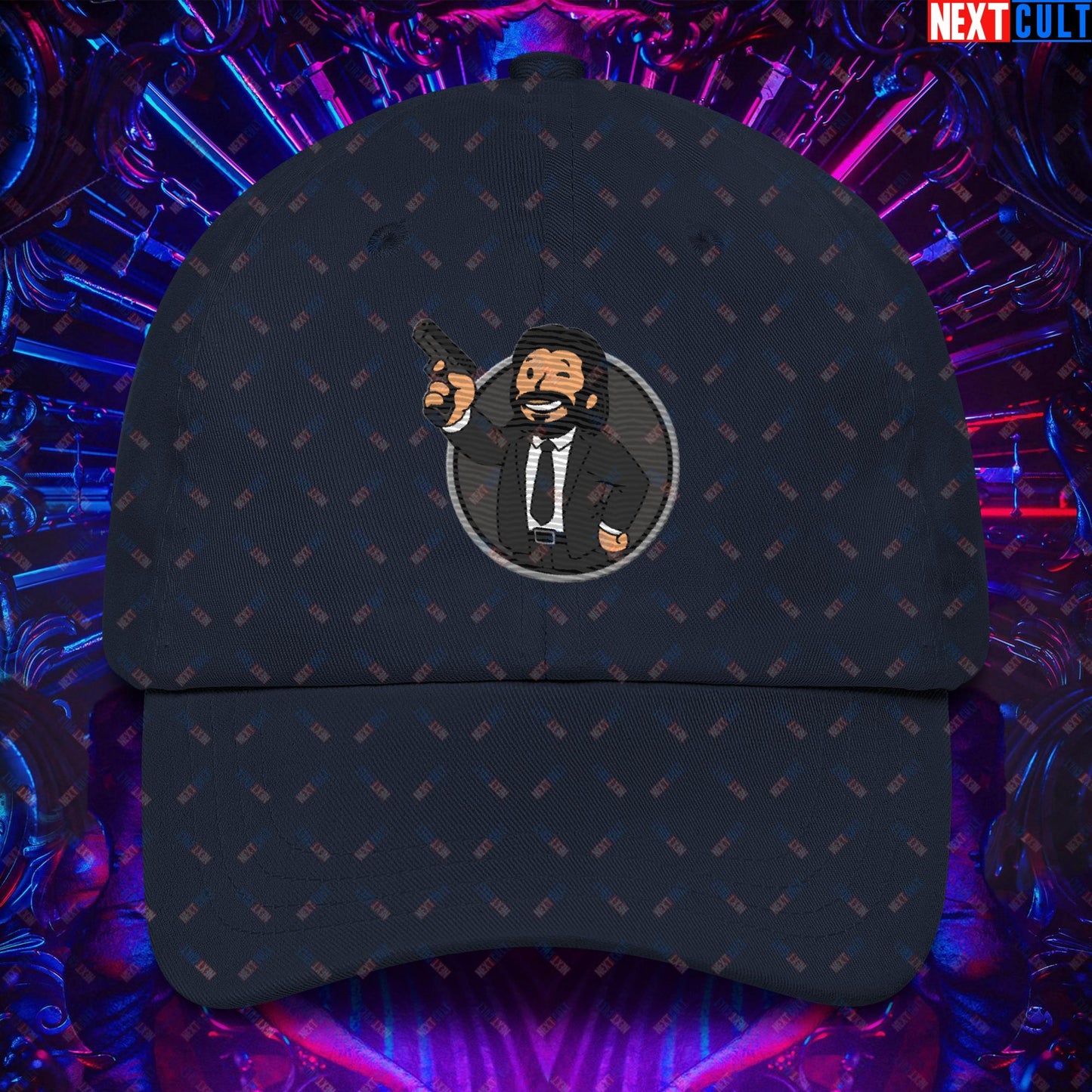 John Wick Vault Boy Fallout Funny Cartoon Mashup Dad hat Navy Hats Fallout John Wick Keanu Reeves Movies Vault Boy Next Cult Brand