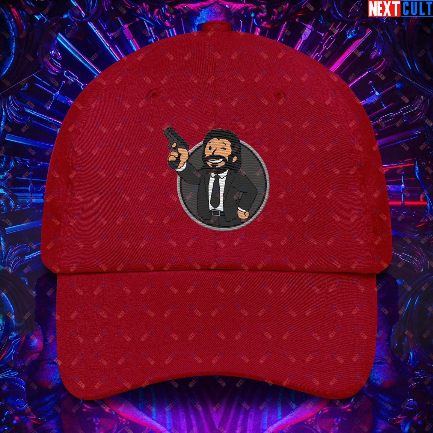 John Wick Vault Boy Fallout Funny Cartoon Mashup Dad hat Cranberry Hats Fallout John Wick Keanu Reeves Movies Vault Boy Next Cult Brand