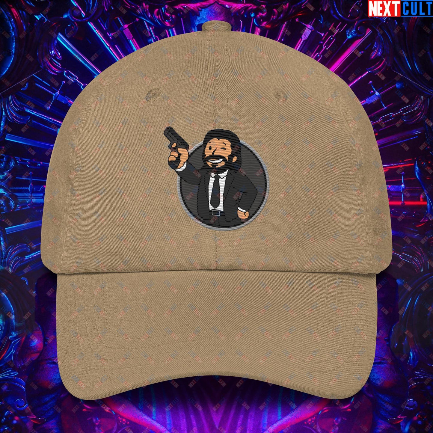 John Wick Vault Boy Fallout Funny Cartoon Mashup Dad hat Khaki Hats Fallout John Wick Keanu Reeves Movies Vault Boy Next Cult Brand