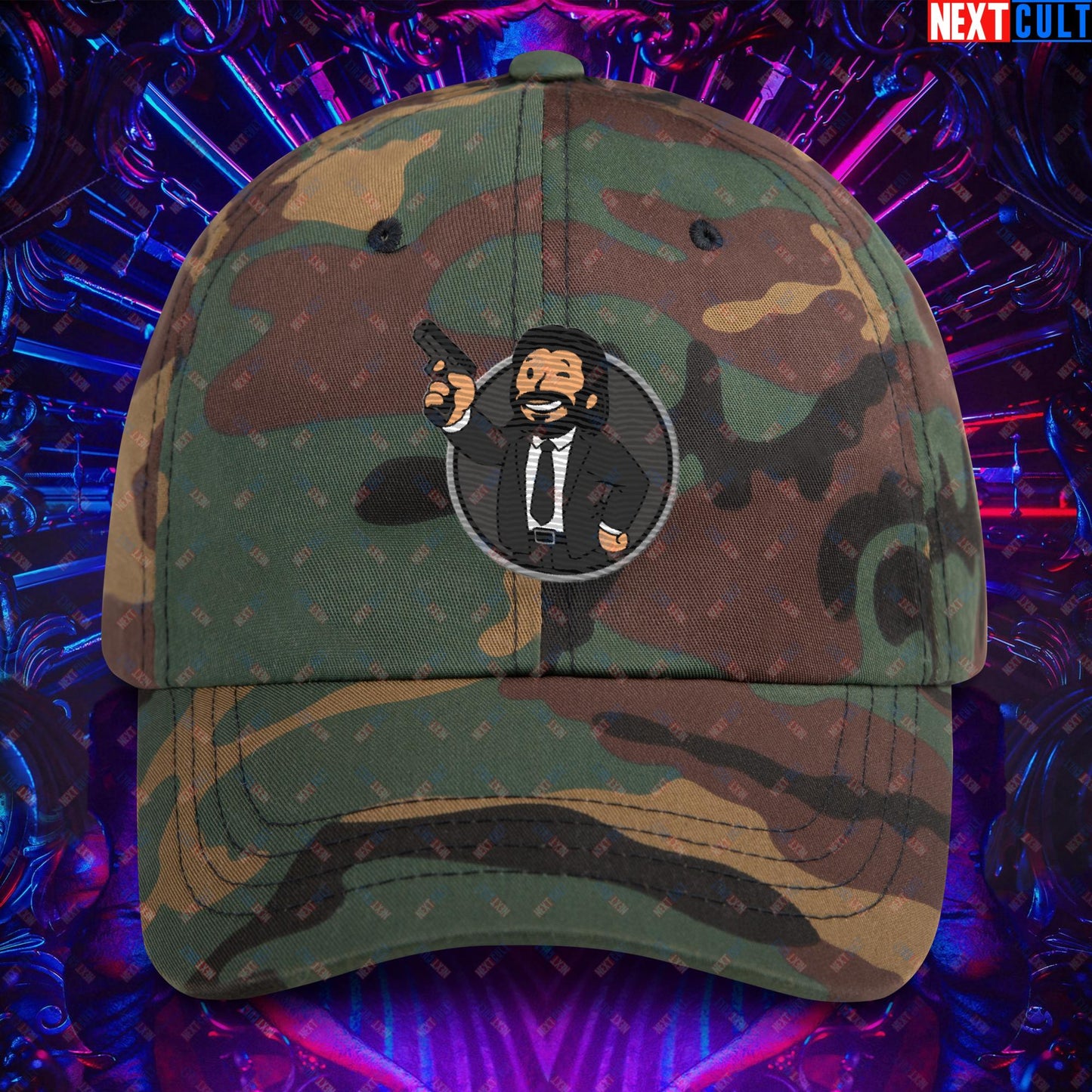 John Wick Vault Boy Fallout Funny Cartoon Mashup Dad hat Green Camo Hats Fallout John Wick Keanu Reeves Movies Vault Boy Next Cult Brand