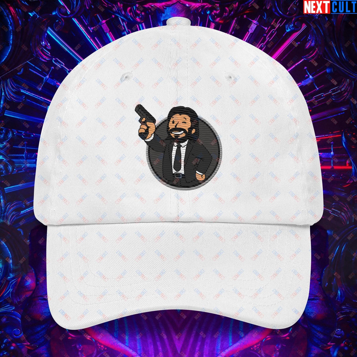 John Wick Vault Boy Fallout Funny Cartoon Mashup Dad hat White Hats Fallout John Wick Keanu Reeves Movies Vault Boy Next Cult Brand