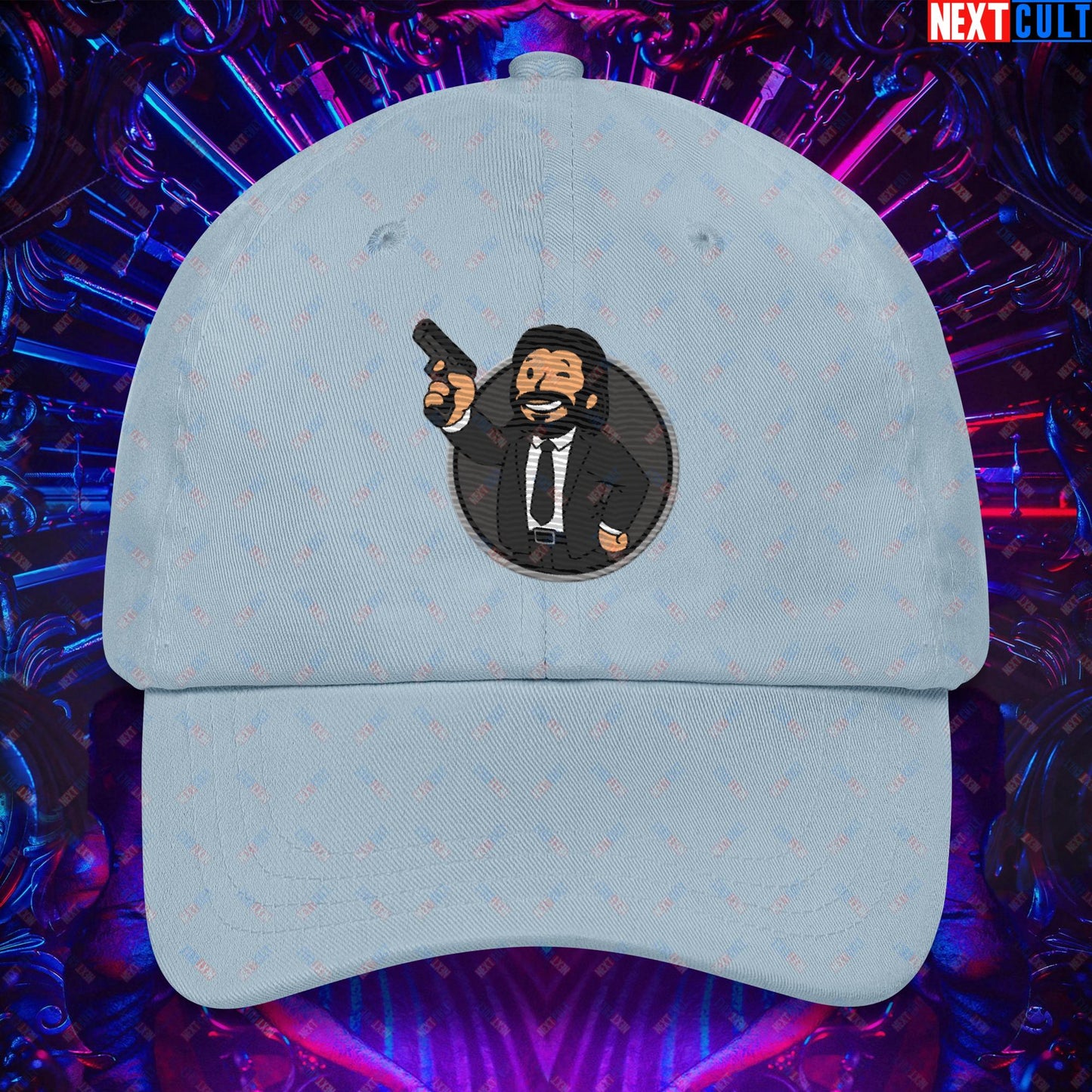 John Wick Vault Boy Fallout Funny Cartoon Mashup Dad hat Light Blue Hats Fallout John Wick Keanu Reeves Movies Vault Boy Next Cult Brand