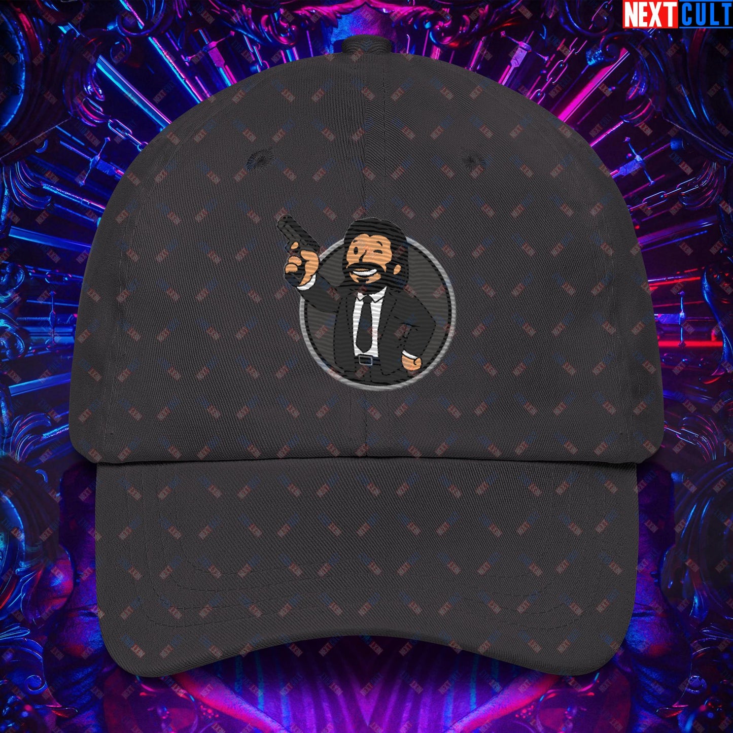 John Wick Vault Boy Fallout Funny Cartoon Mashup Dad hat Dark Grey Hats Fallout John Wick Keanu Reeves Movies Vault Boy Next Cult Brand