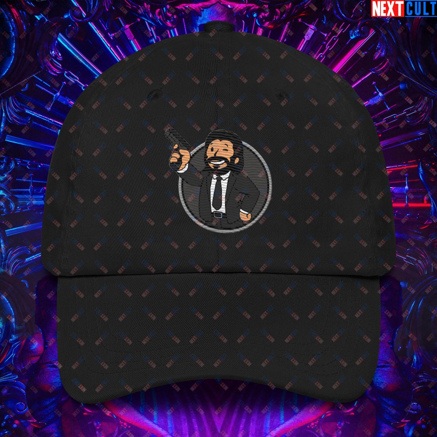John Wick Vault Boy Fallout Funny Cartoon Mashup Dad hat Black Hats Fallout John Wick Keanu Reeves Movies Vault Boy Next Cult Brand