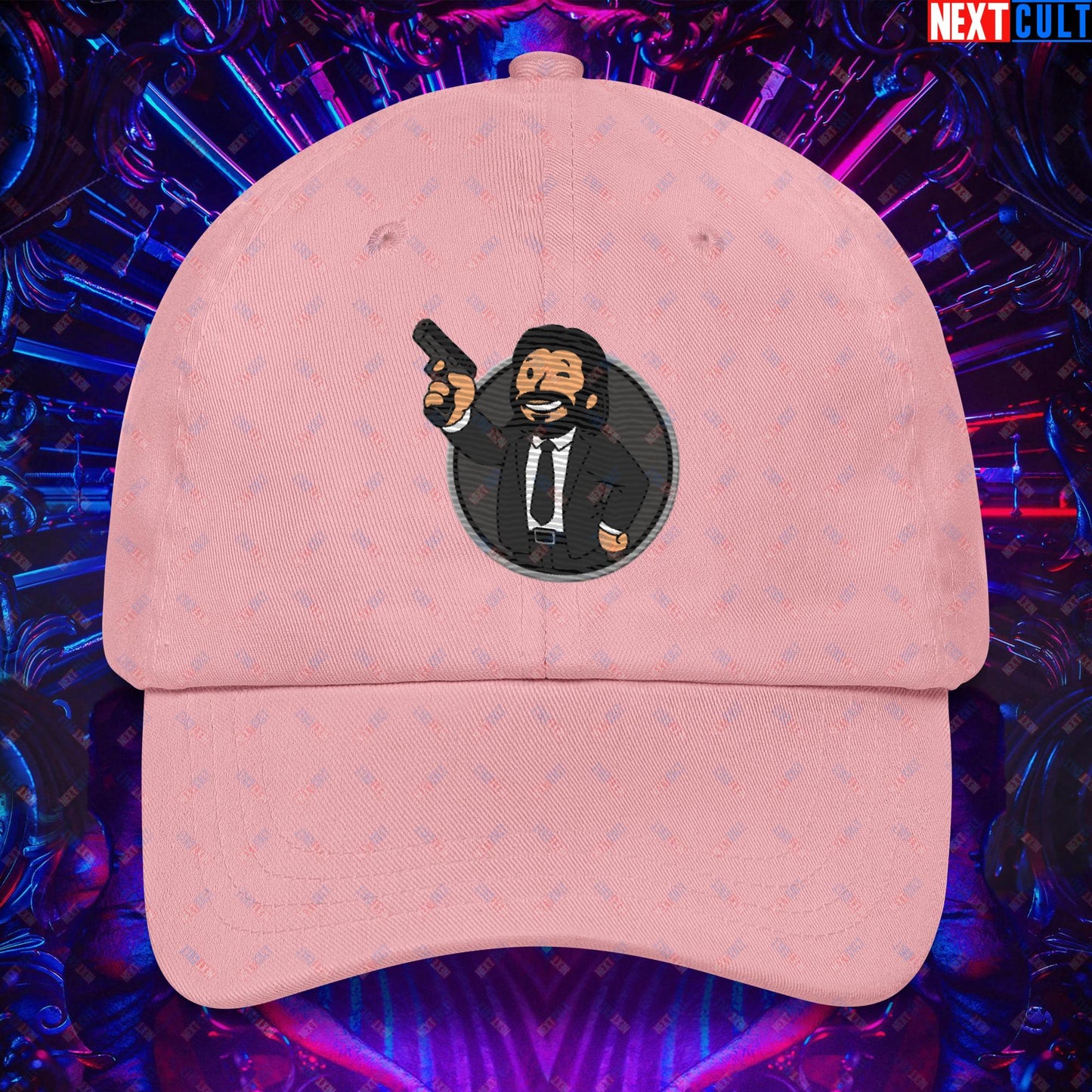 John Wick Vault Boy Fallout Funny Cartoon Mashup Dad hat Pink Hats Fallout John Wick Keanu Reeves Movies Vault Boy Next Cult Brand
