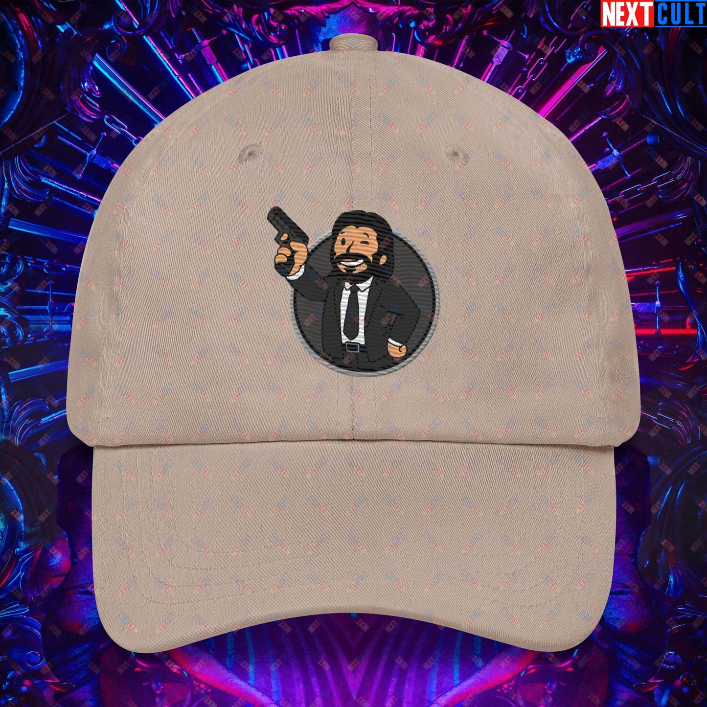 John Wick Vault Boy Fallout Funny Cartoon Mashup Dad hat Stone Hats Fallout John Wick Keanu Reeves Movies Vault Boy Next Cult Brand