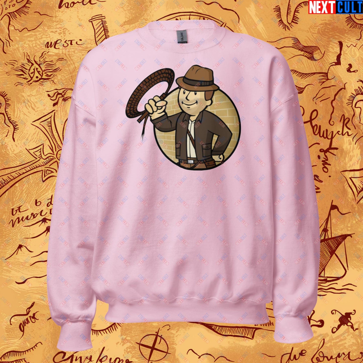 Jones Boy Indiana Jones Vault Boy Fallout Funny Cartoon Mashup Unisex Sweatshirt Light Pink Sweatshirts Fallout Harrison Ford Indiana Jones Movies Vault Boy Next Cult Brand