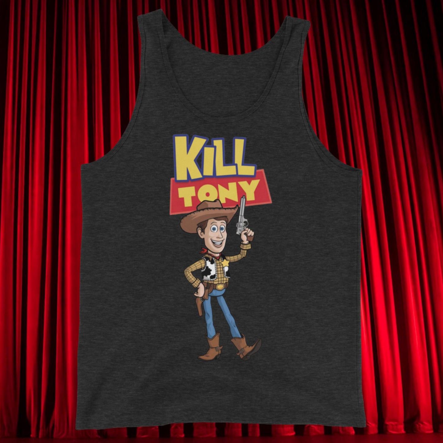 Kill Tony Hinchcliffe Toy Story Woody Funny Podcast Tank Top Charcoal-Black Triblend Tank Tops Kill Tony Podcasts Stand-up Comedy Tony Hinchcliffe Next Cult Brand
