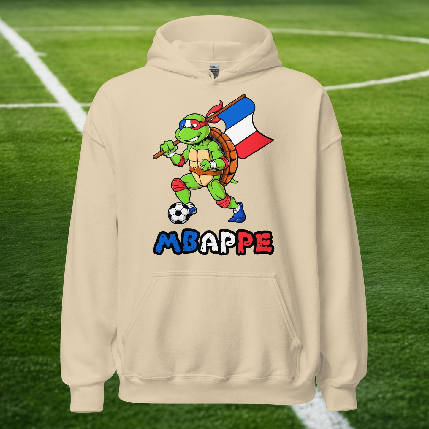 Kylian Mbappe Ninja Turtle Funny Football Euro 2024 France Soccer Unisex Hoodie Sand Hoodies Football Kylian Mbappe Ninja Turtles Real Madrid Next Cult Brand