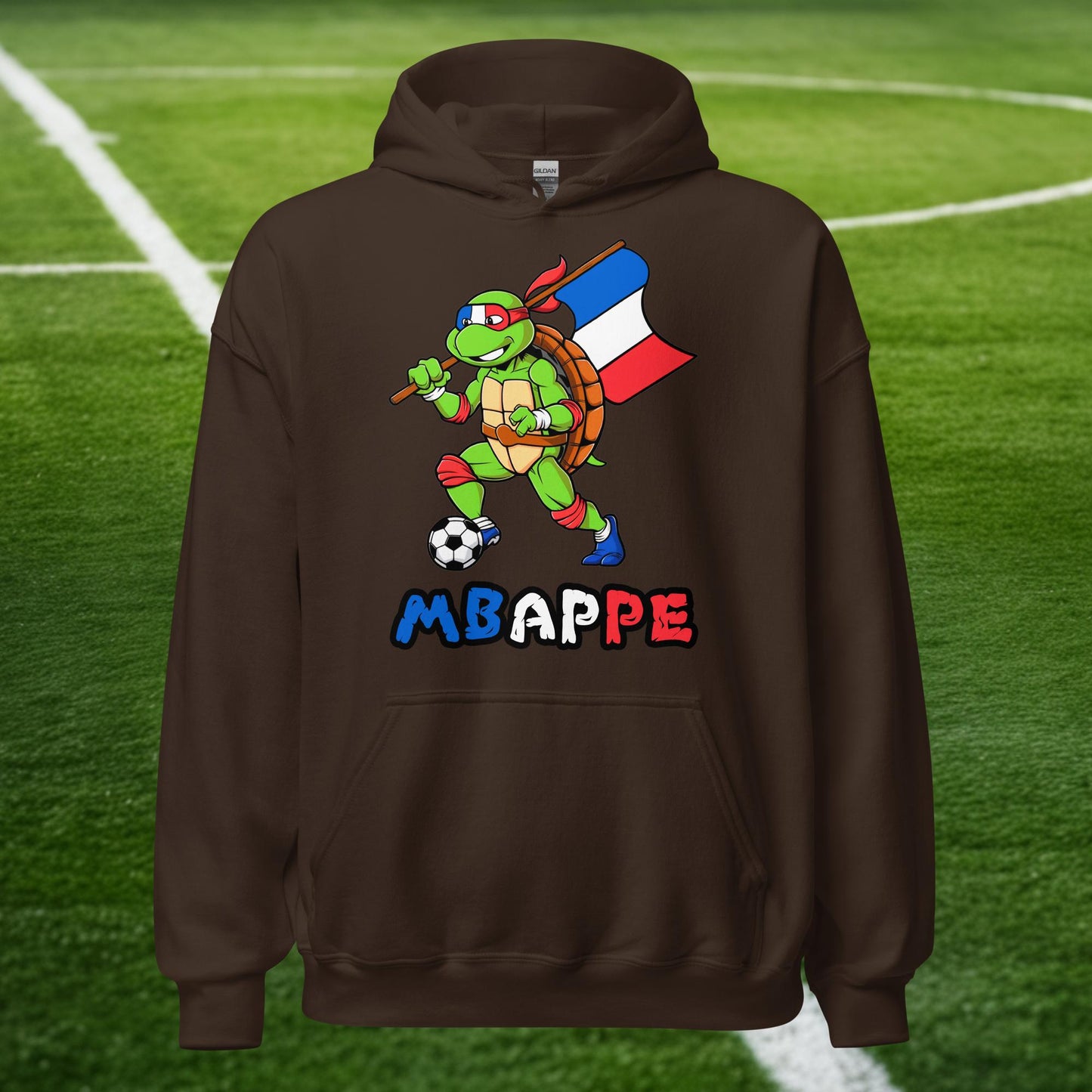 Kylian Mbappe Ninja Turtle Funny Football Euro 2024 France Soccer Unisex Hoodie Dark Chocolate Hoodies Football Kylian Mbappe Ninja Turtles Real Madrid Next Cult Brand