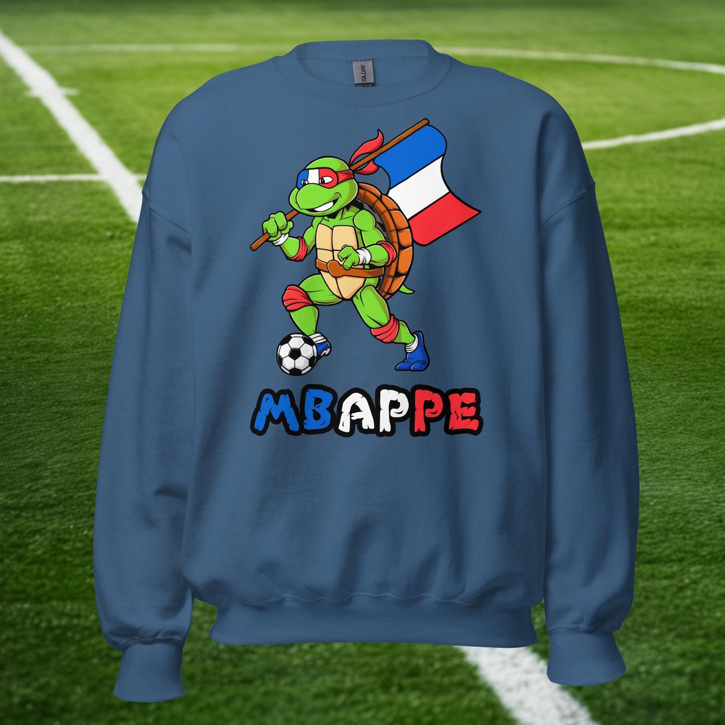 Kylian Mbappe Ninja Turtle Funny Football Euro 2024 France Soccer Unisex Sweatshirt Indigo Blue Sweatshirts Football Kylian Mbappe Ninja Turtles Real Madrid Next Cult Brand