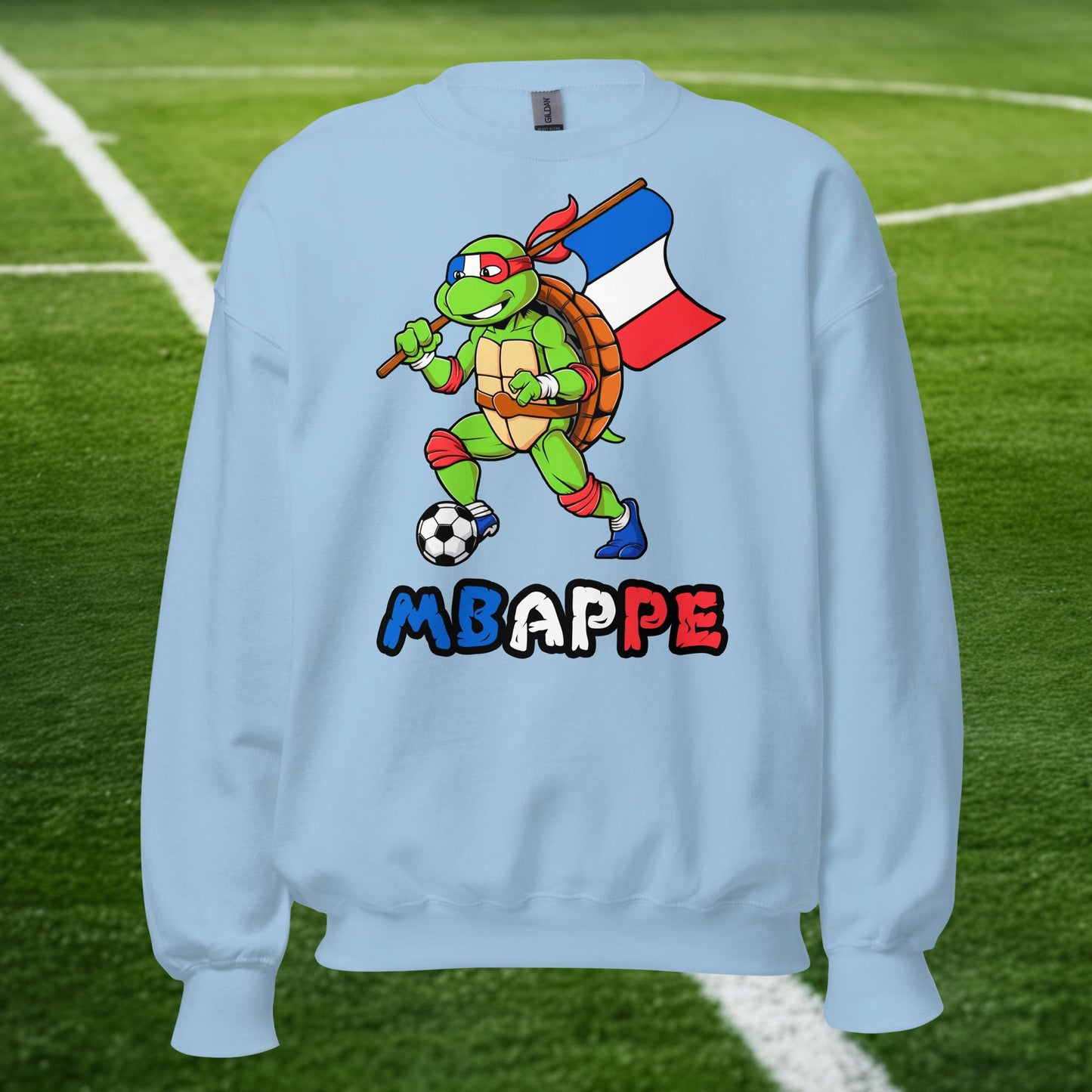 Kylian Mbappe Ninja Turtle Funny Football Euro 2024 France Soccer Unisex Sweatshirt Light Blue Sweatshirts Football Kylian Mbappe Ninja Turtles Real Madrid Next Cult Brand