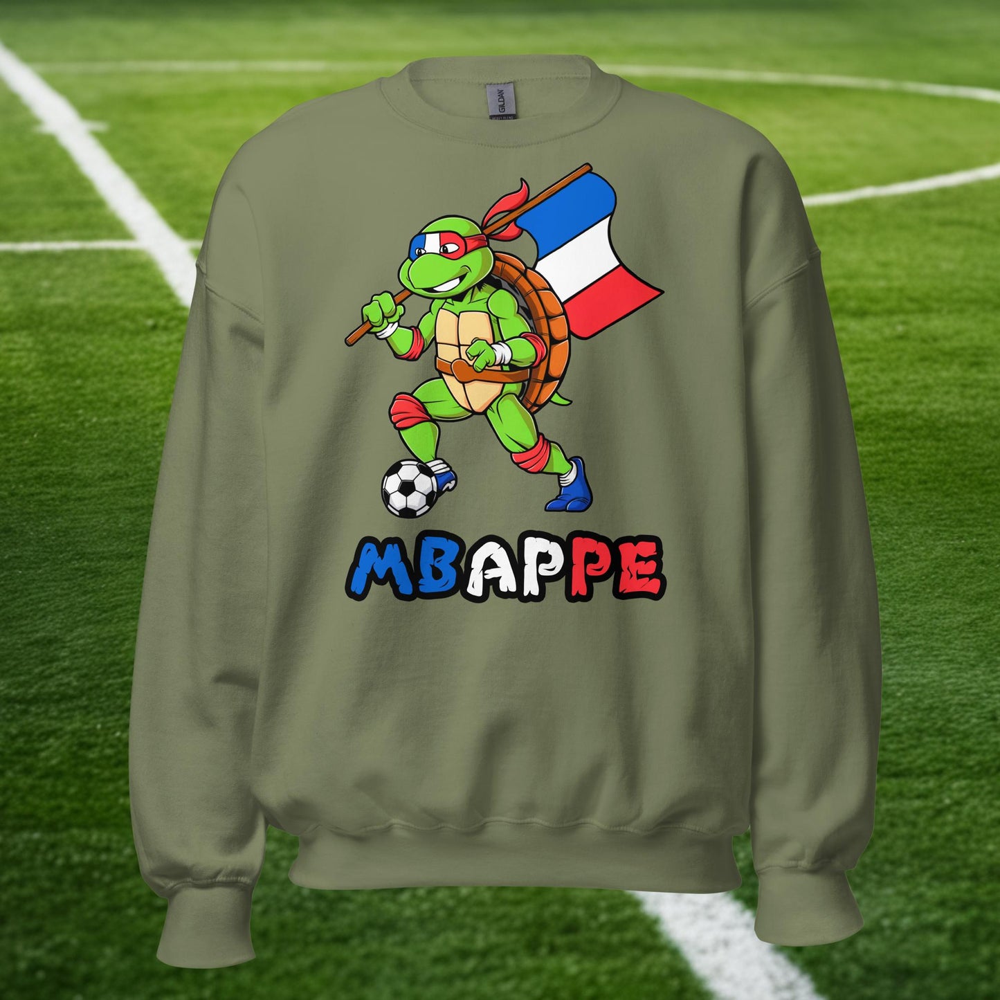 Kylian Mbappe Ninja Turtle Funny Football Euro 2024 France Soccer Unisex Sweatshirt Military Green Sweatshirts Football Kylian Mbappe Ninja Turtles Real Madrid Next Cult Brand