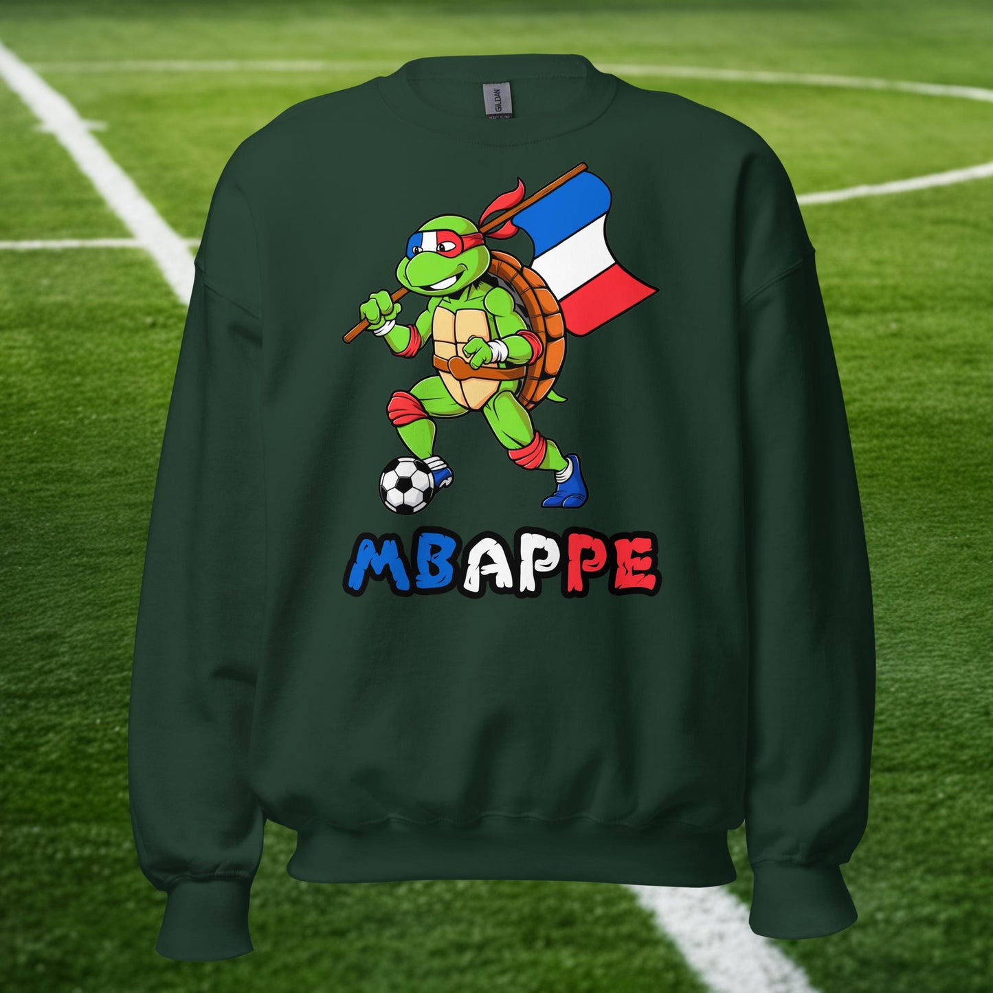 Kylian Mbappe Ninja Turtle Funny Football Euro 2024 France Soccer Unisex Sweatshirt Forest Green Sweatshirts Football Kylian Mbappe Ninja Turtles Real Madrid Next Cult Brand