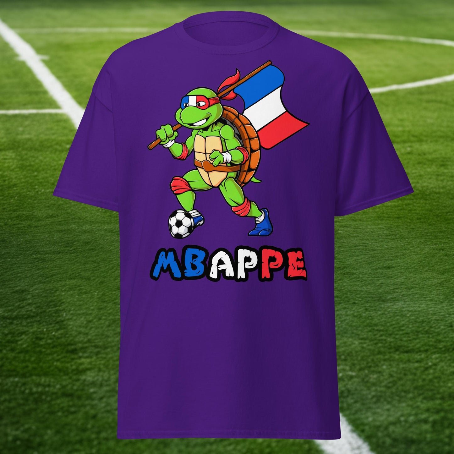 Kylian Mbappe Ninja Turtle Funny Football Euro 2024 France Soccer Unisex tee Purple T-shirts Football Kylian Mbappe Ninja Turtles Real Madrid Next Cult Brand