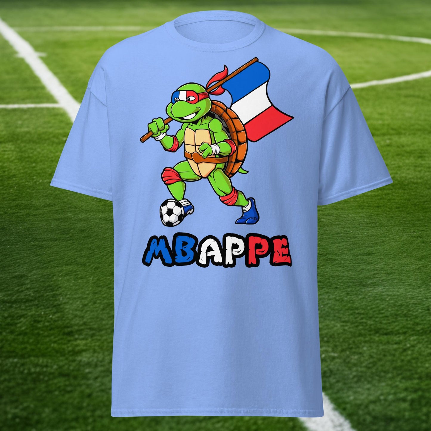 Kylian Mbappe Ninja Turtle Funny Football Euro 2024 France Soccer Unisex tee Carolina Blue T-shirts Football Kylian Mbappe Ninja Turtles Real Madrid Next Cult Brand