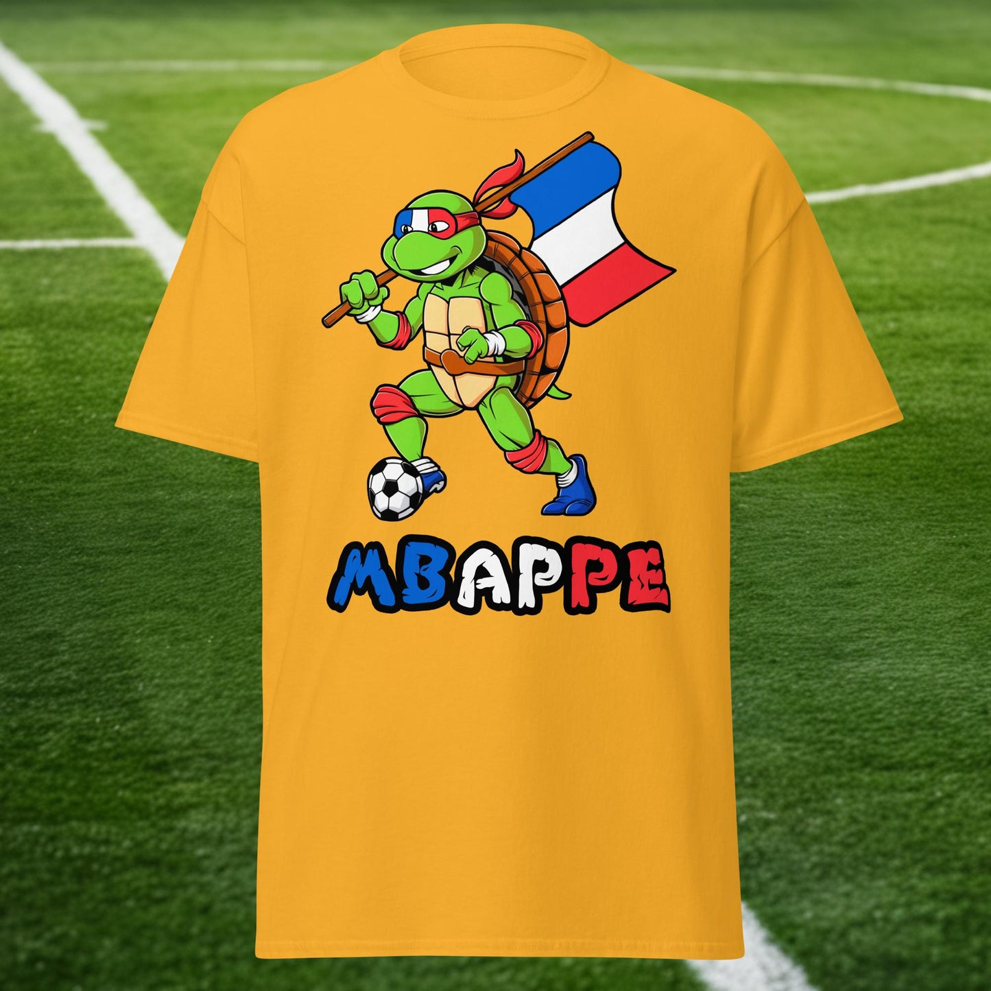 Kylian Mbappe Ninja Turtle Funny Football Euro 2024 France Soccer Unisex tee Gold T-shirts Football Kylian Mbappe Ninja Turtles Real Madrid Next Cult Brand