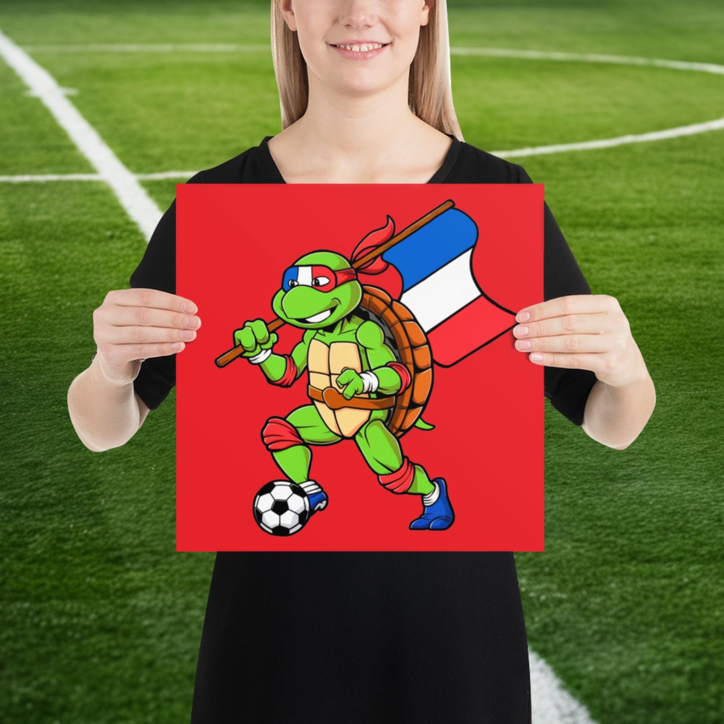Kylian Mbappe Ninja Turtle Funny Soccer Euro 2024 France Football Poster 14″×14″ Posters Football Kylian Mbappe Ninja Turtles Real Madrid Next Cult Brand