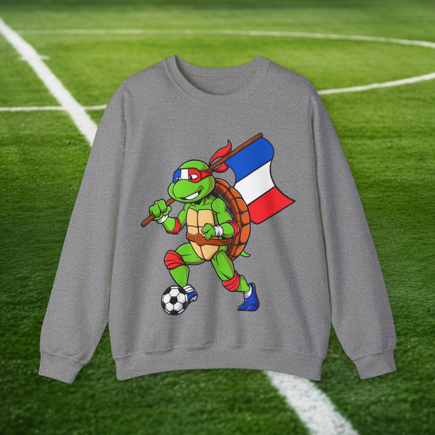 Kylian Mbappe Ninja Turtle Funny Soccer Euro 2024 France Football Unisex Heavy Blend Crewneck Sweatshirt Graphite Heather Sweatshirts Football Kylian Mbappe Ninja Turtles Real Madrid Printify