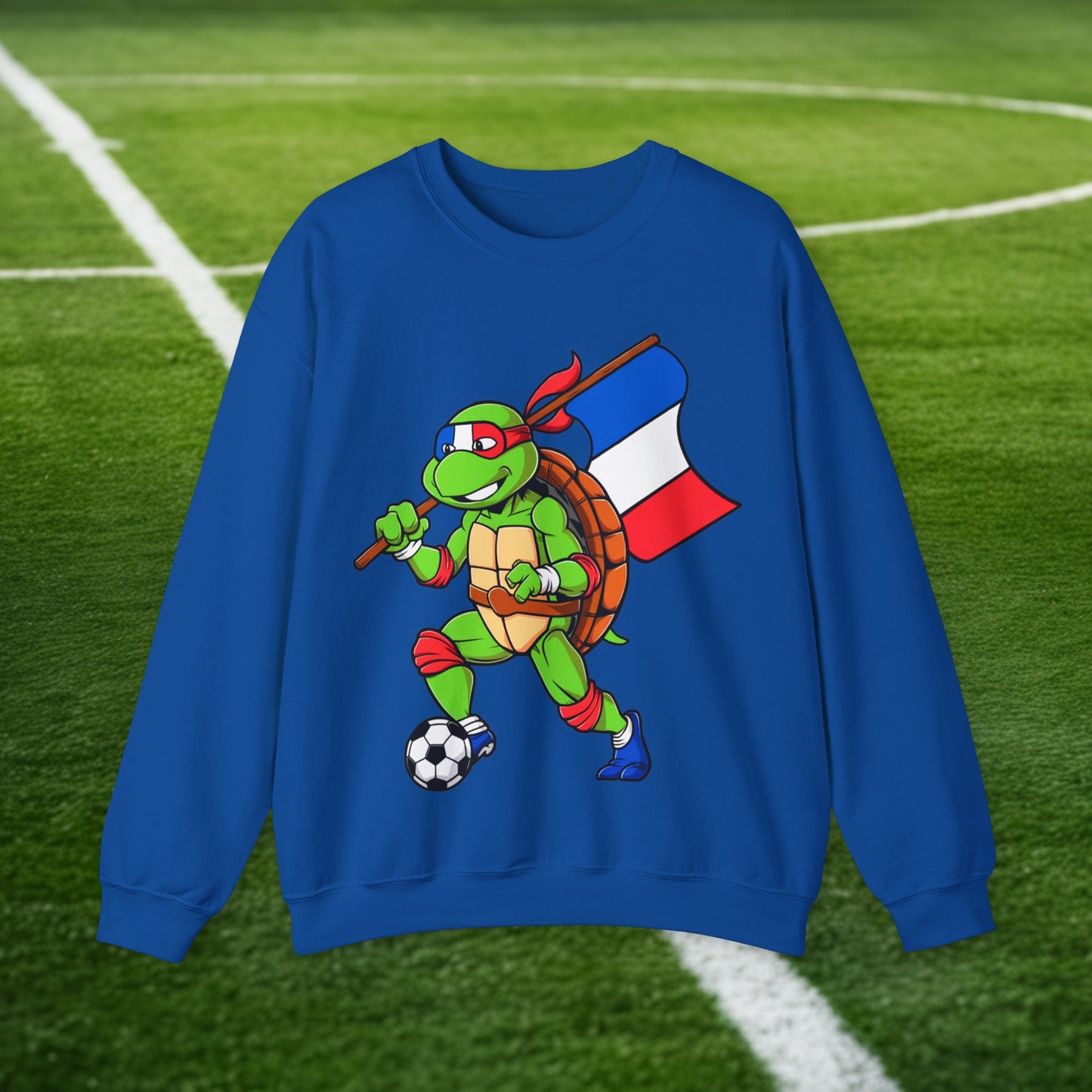 Kylian Mbappe Ninja Turtle Funny Soccer Euro 2024 France Football Unisex Heavy Blend Crewneck Sweatshirt Royal Sweatshirts Football Kylian Mbappe Ninja Turtles Real Madrid Printify