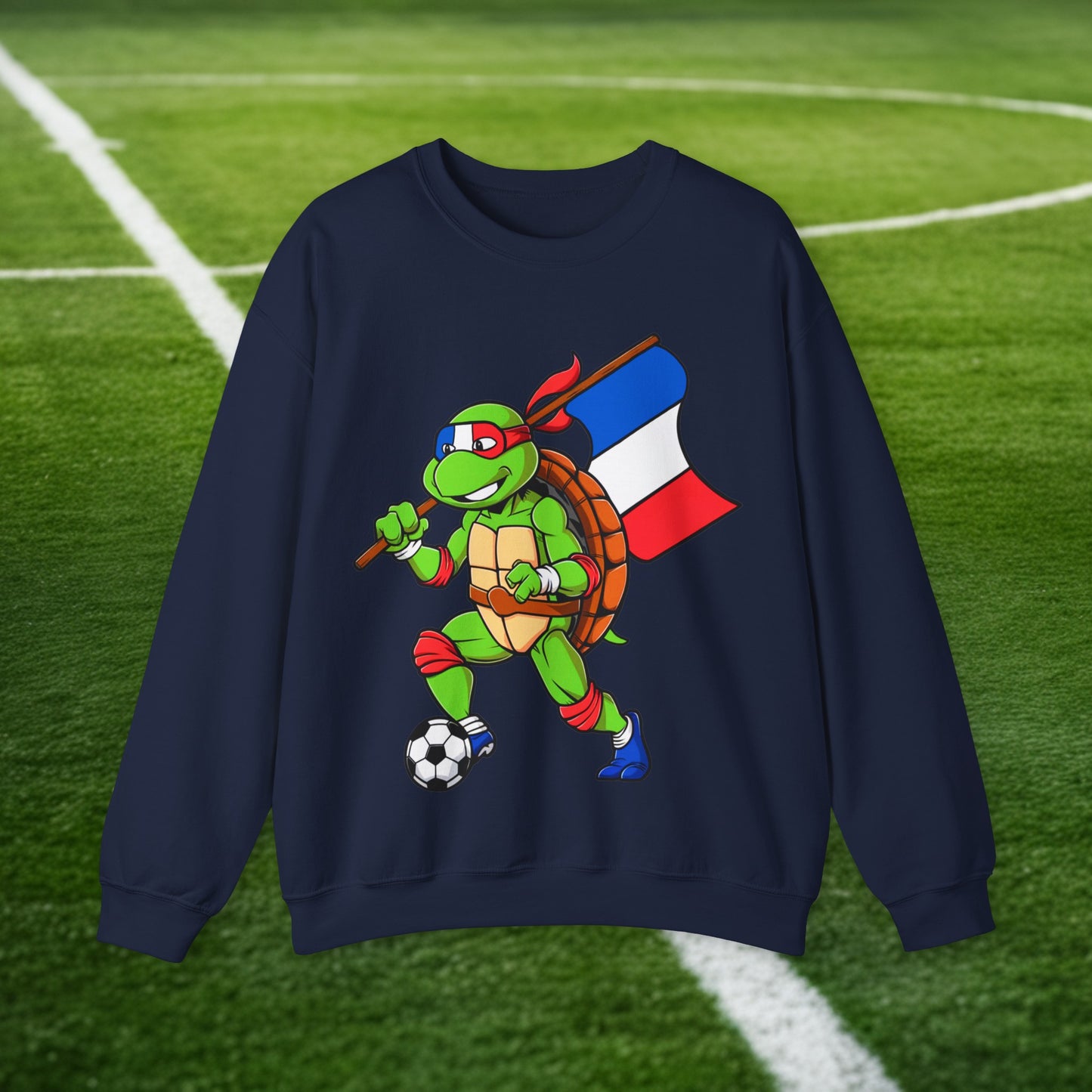 Kylian Mbappe Ninja Turtle Funny Soccer Euro 2024 France Football Unisex Heavy Blend Crewneck Sweatshirt Navy Sweatshirts Football Kylian Mbappe Ninja Turtles Real Madrid Printify