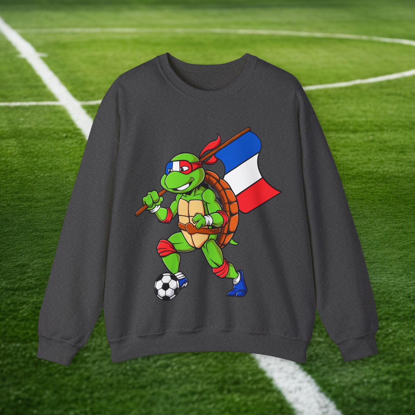 Kylian Mbappe Ninja Turtle Funny Soccer Euro 2024 France Football Unisex Heavy Blend Crewneck Sweatshirt Dark Heather Sweatshirts Football Kylian Mbappe Ninja Turtles Real Madrid Printify