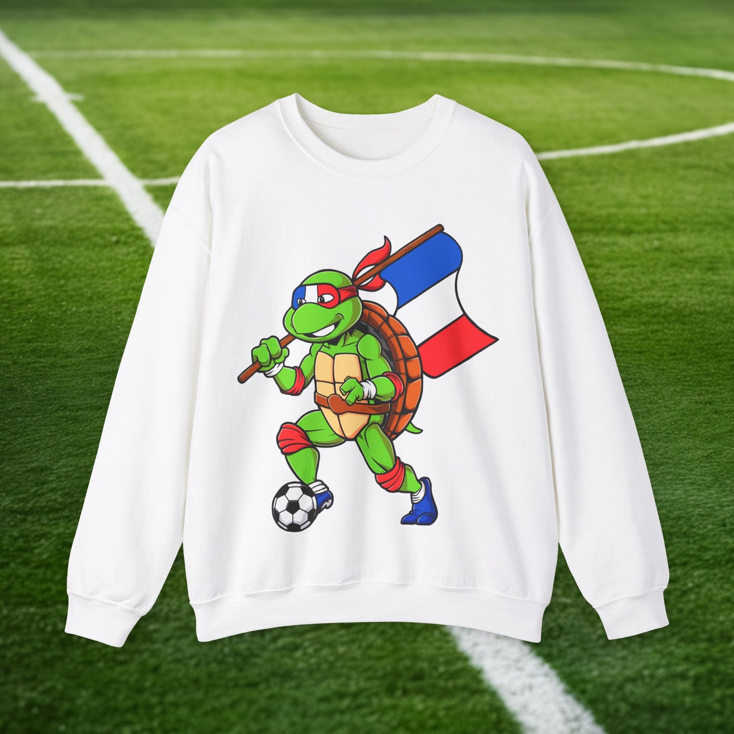 Kylian Mbappe Ninja Turtle Funny Soccer Euro 2024 France Football Unisex Heavy Blend Crewneck Sweatshirt White Sweatshirts Football Kylian Mbappe Ninja Turtles Real Madrid Printify