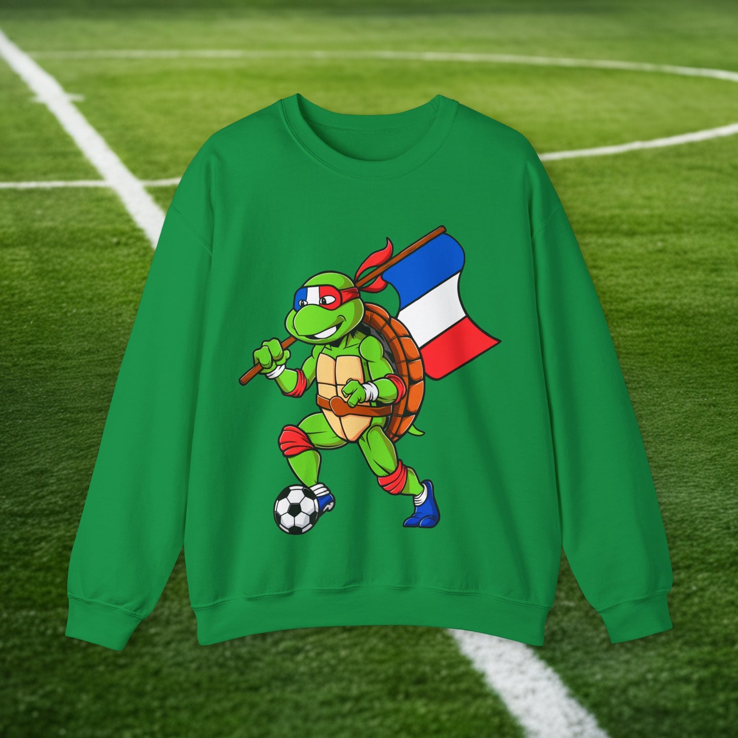 Kylian Mbappe Ninja Turtle Funny Soccer Euro 2024 France Football Unisex Heavy Blend Crewneck Sweatshirt Irish Green Sweatshirts Football Kylian Mbappe Ninja Turtles Real Madrid Printify