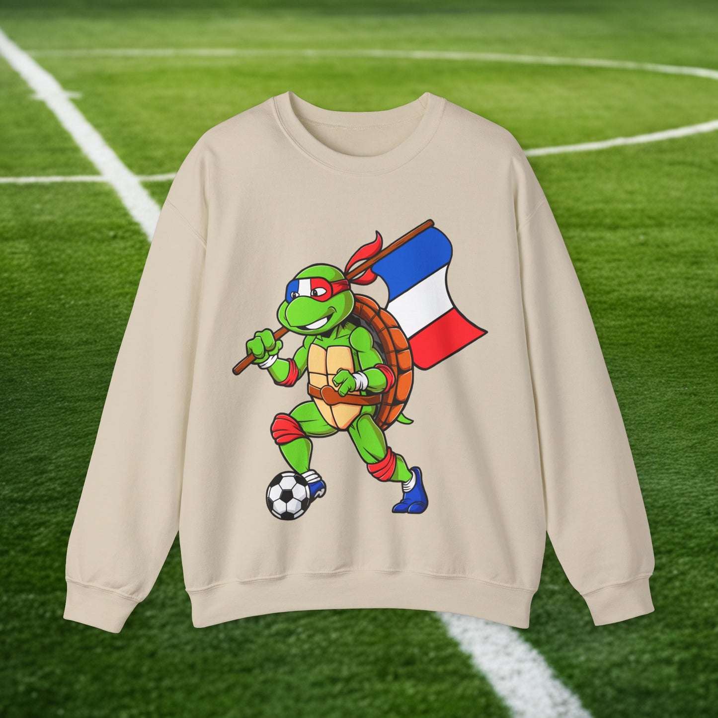 Kylian Mbappe Ninja Turtle Funny Soccer Euro 2024 France Football Unisex Heavy Blend Crewneck Sweatshirt Sand Sweatshirts Football Kylian Mbappe Ninja Turtles Real Madrid Printify