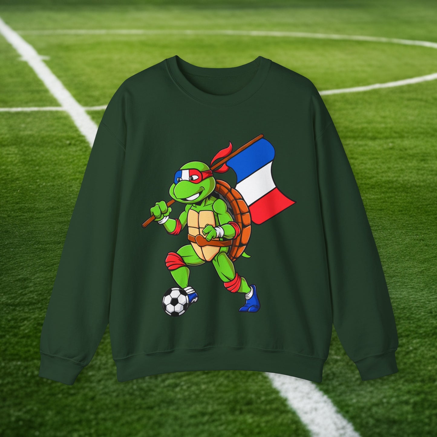 Kylian Mbappe Ninja Turtle Funny Soccer Euro 2024 France Football Unisex Heavy Blend Crewneck Sweatshirt Forest Green Sweatshirts Football Kylian Mbappe Ninja Turtles Real Madrid Printify