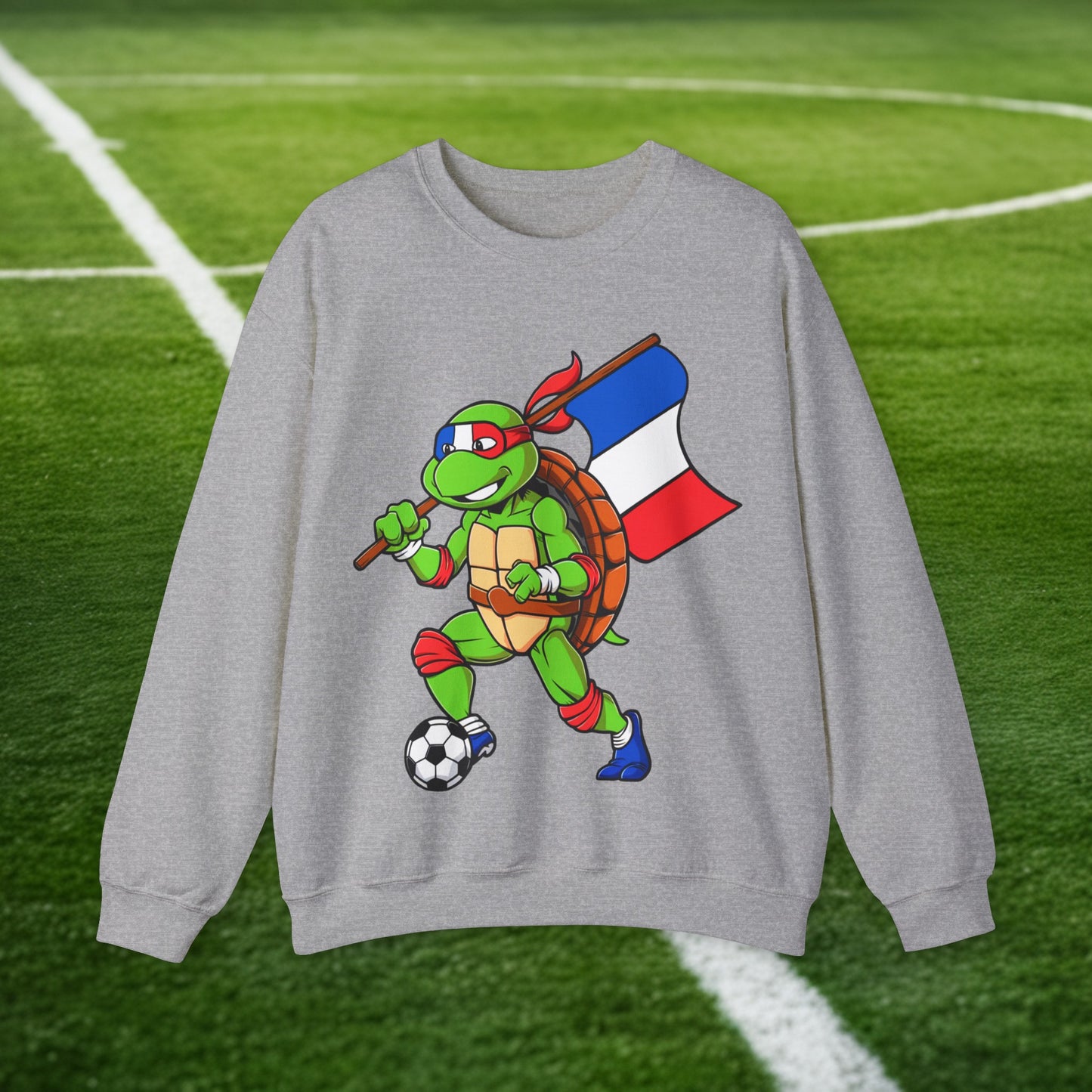 Kylian Mbappe Ninja Turtle Funny Soccer Euro 2024 France Football Unisex Heavy Blend Crewneck Sweatshirt Sport Grey Sweatshirts Football Kylian Mbappe Ninja Turtles Real Madrid Printify