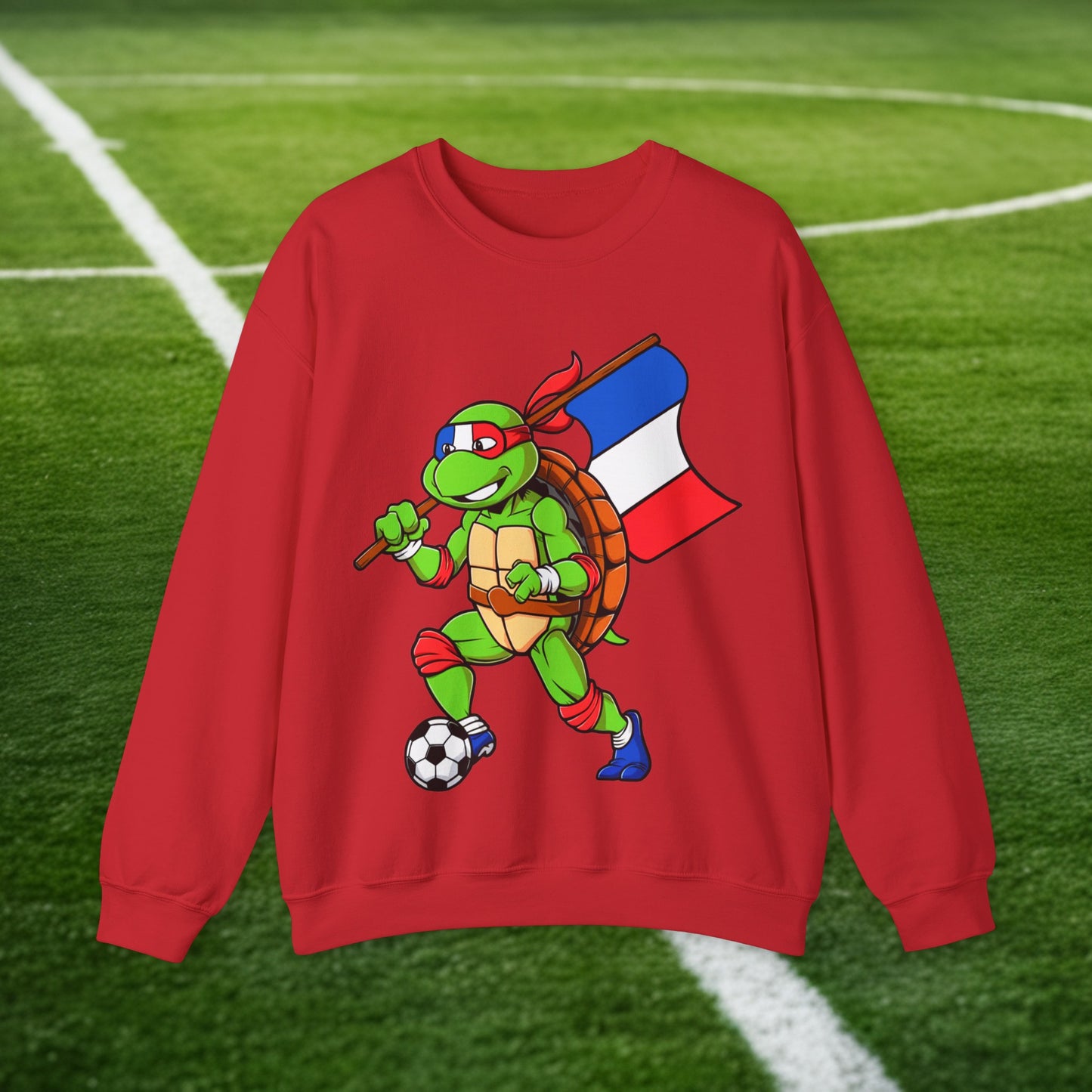 Kylian Mbappe Ninja Turtle Funny Soccer Euro 2024 France Football Unisex Heavy Blend Crewneck Sweatshirt Red Sweatshirts Football Kylian Mbappe Ninja Turtles Real Madrid Printify